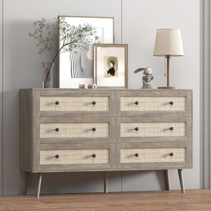 Dresser for Bedroom with 6 Drawer, Rattan Chest of Dressers, Wide Wood Double Dresser, Wooden TV Stand Closet Storage Furniture, Boho Small Clothes Organizer for Hallway, Living Room, Entryway, Grey
