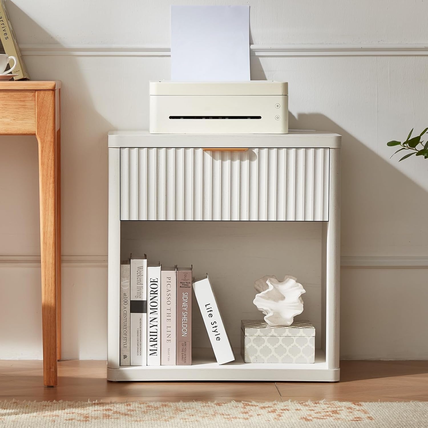 Fluted Nightstand with Charging Station, 23" Wide 1 Drawers End Table,White Night Stand with Open Storage Cabinet, Farmhouse Bed Side Tables, Wood Dresser for Bedroom, Living Room, Closet