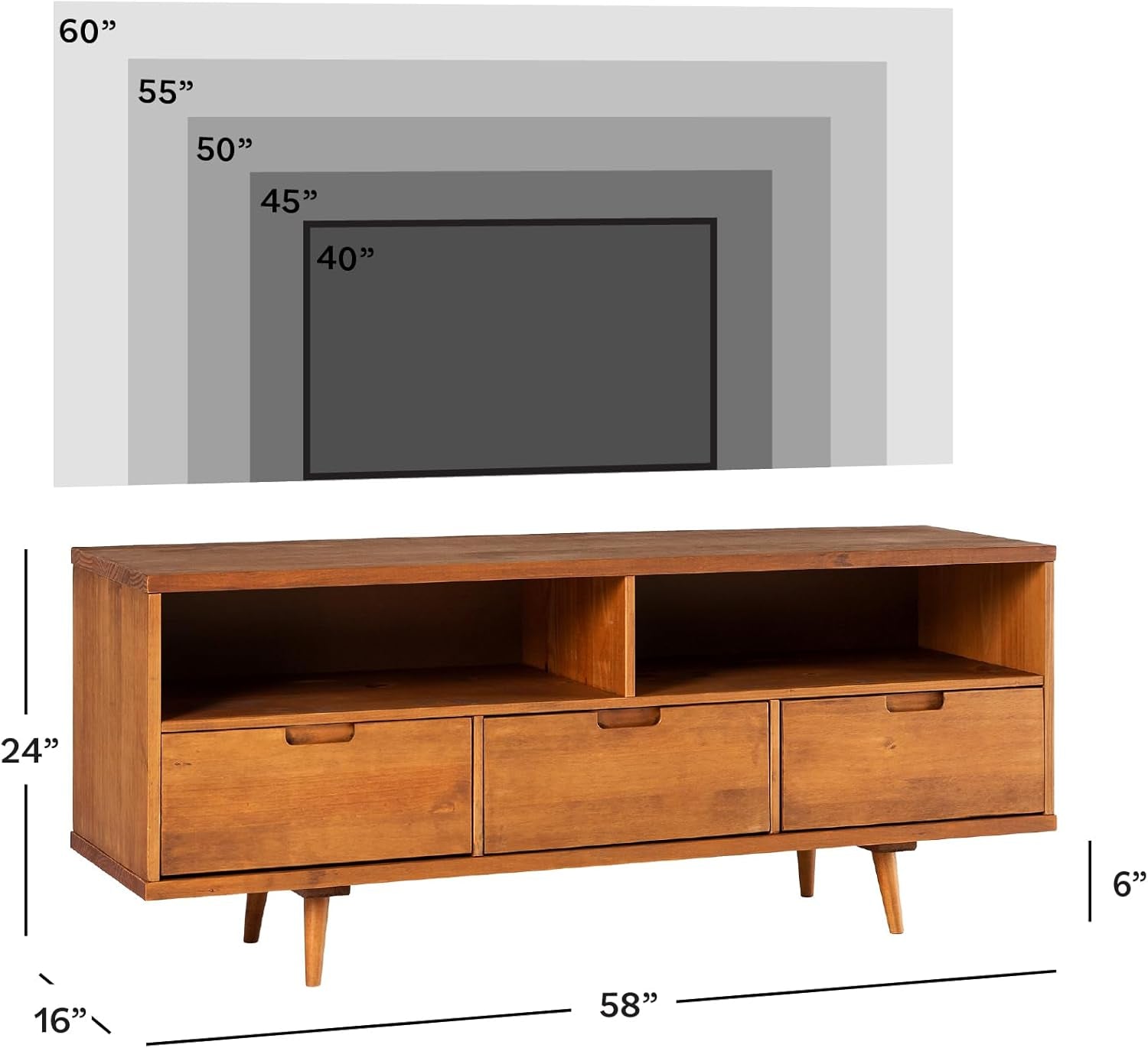 3-Drawer Mid Century Modern Wood TV Stand for Tv'S up to 65" Flat Screen Cabinet Door Living Room Storage Entertainment Center, 58 Inch, Caramel