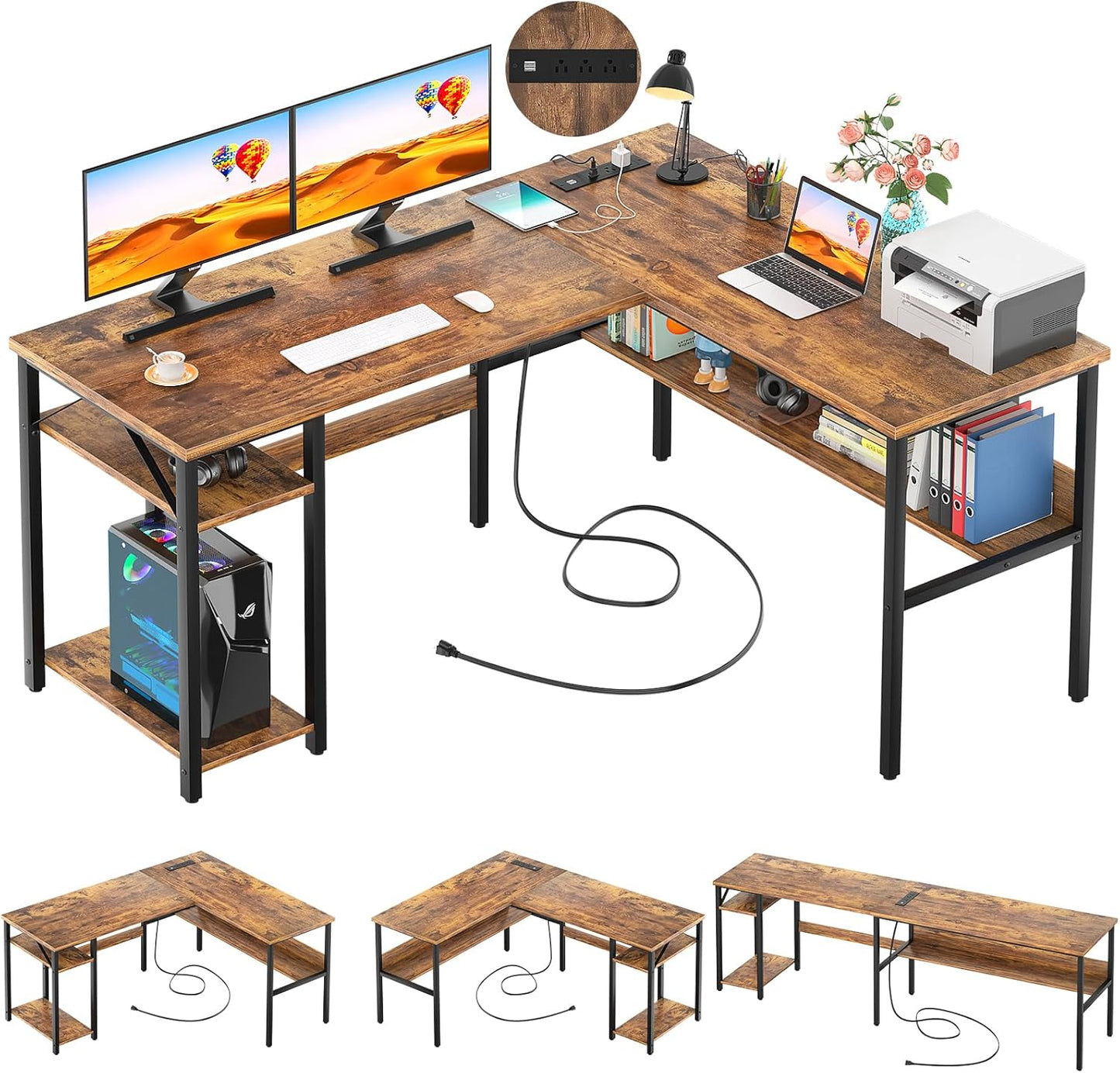 L Shaped Computer Desk with Magic Power Outlets and USB Charging Port, Sturdy Reversible Corner Desk with Storage Shelves, Modern Work Desk for Home Office, Easy to Assemble, Rustic Brown