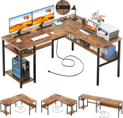 L Shaped Computer Desk with Magic Power Outlets and USB Charging Port, Sturdy Reversible Corner Desk with Storage Shelves, Modern Work Desk for Home Office, Easy to Assemble, Rustic Brown
