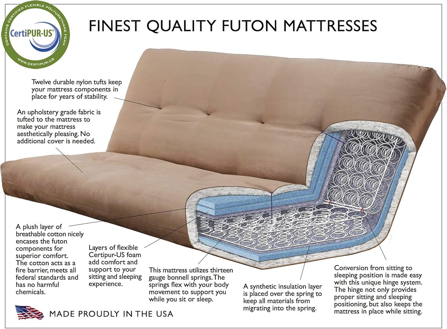 Phoenix Full Size Futon in Espresso Finish, Linen Charcoal