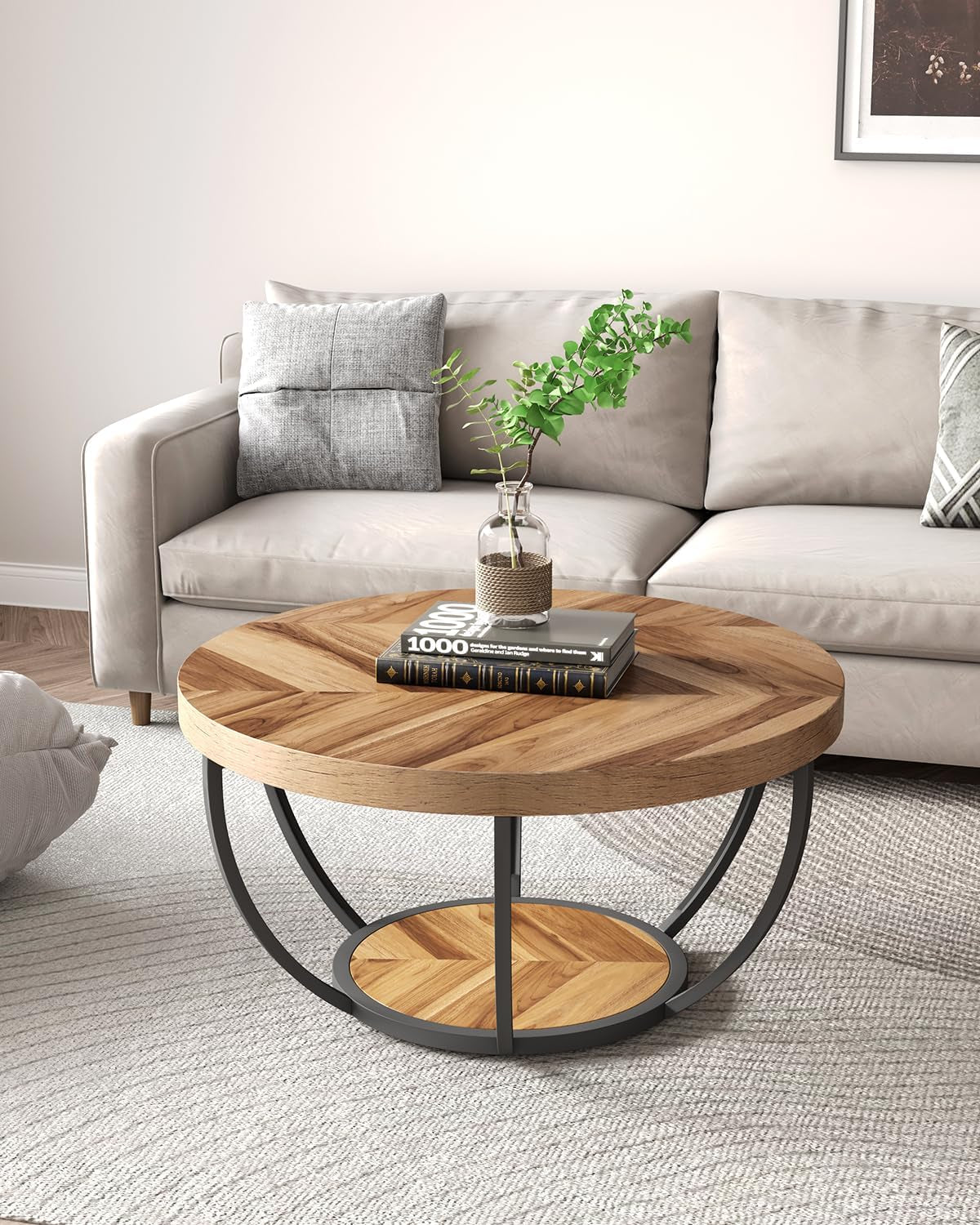 round Coffee Table, 32" Circle Coffee Table for Living Room, 2-Tier Wood Accent Center Table with Open Storage Industrial Design Home Furniture (Wood Grain and Black)