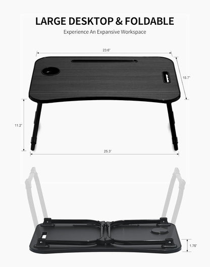 Laptop Bed Desk, Foldable Lap Desk, Portable Lap Table, Laptop Stand with Cup Holder & Tablet Slot & Lifting Handle for Working Writing Drawing & Eating - Black