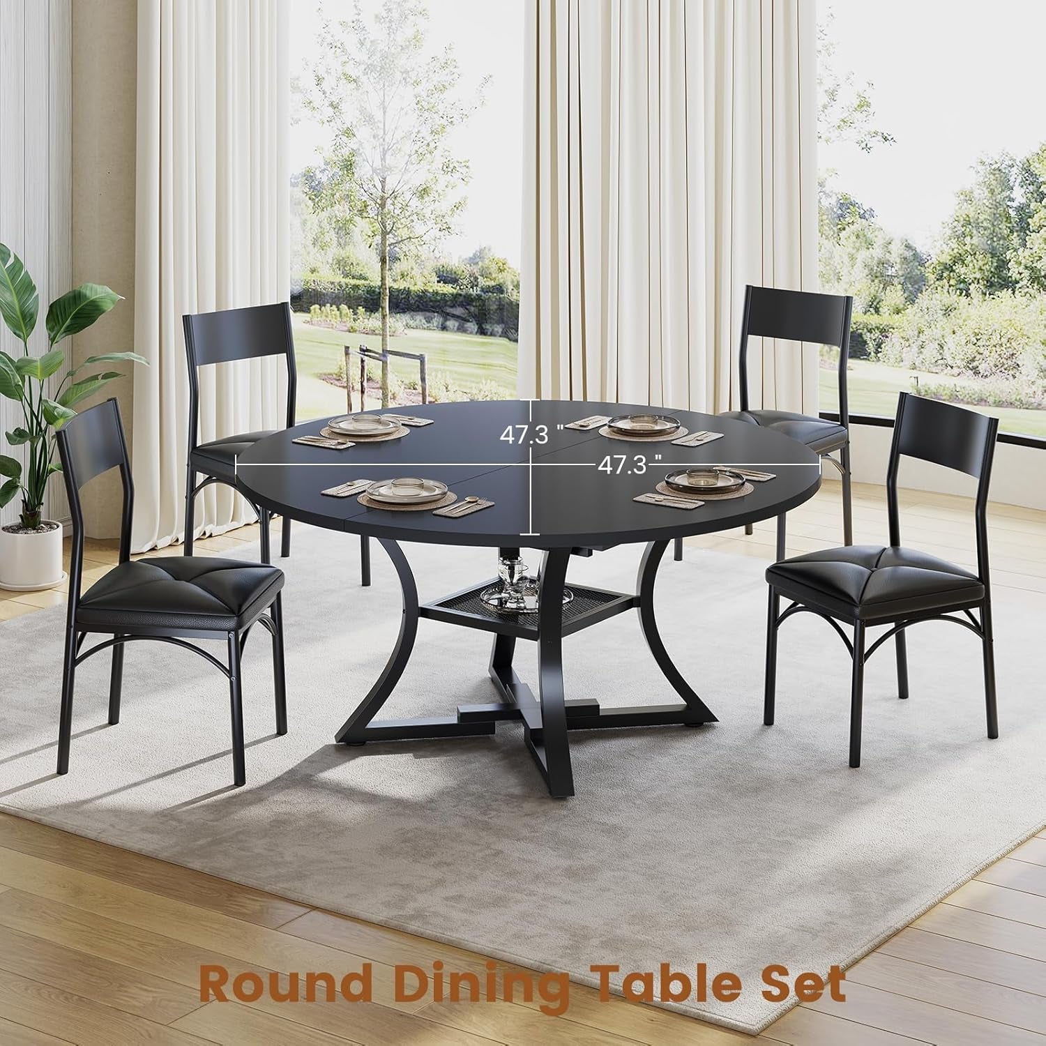 round Extendable Dining Table Set for 4-6 People, 5-Piece Kitchen Table Set with 4 Cushion Chairs, Dining Room Table for 6 with MDF Board & Metal Frame for Small Space, Easy Clean, Black