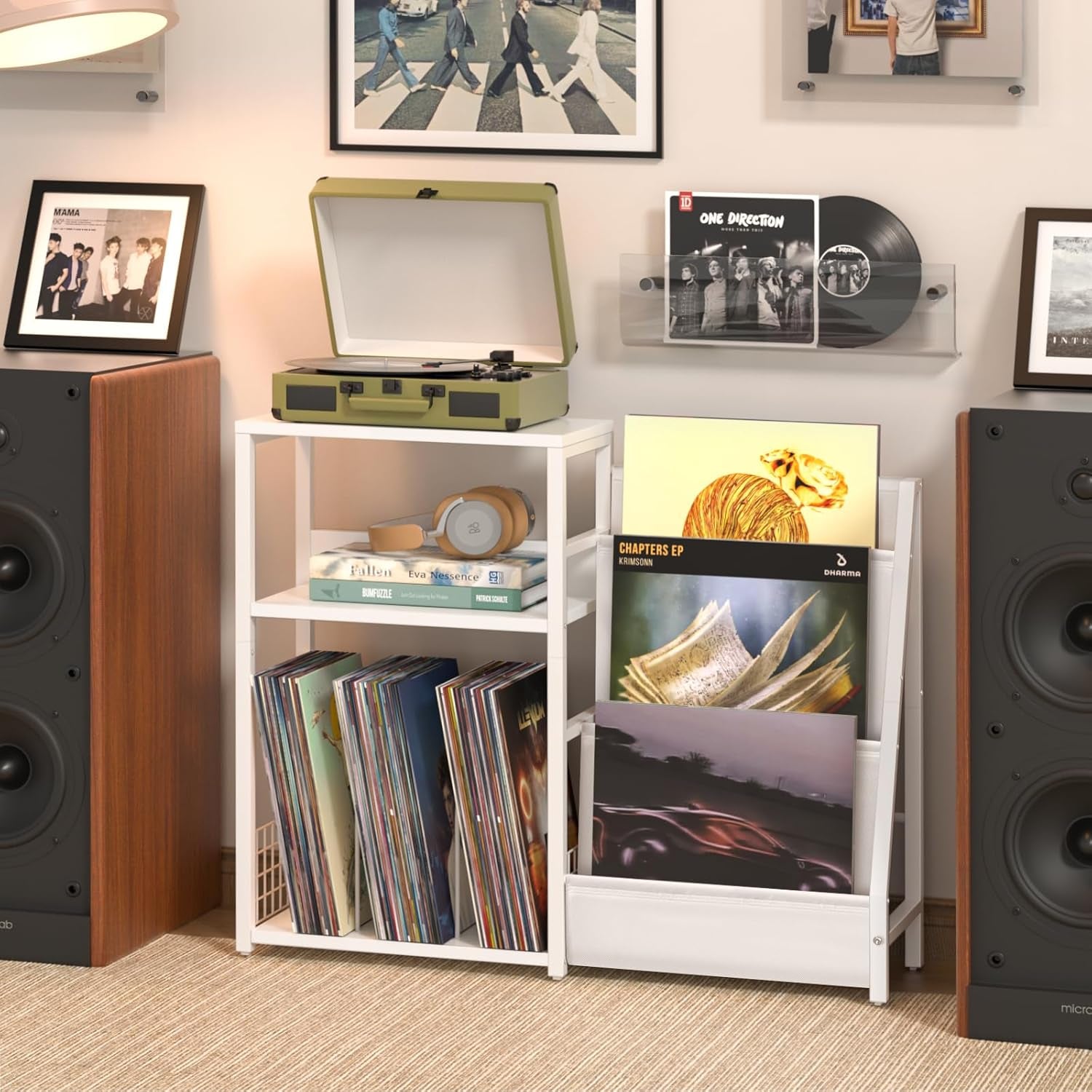Record Player Table,Turntable Shelf with Vinyl Storage up to 150 Albums,White Side Table with 3 Tier Magazine Periodical Book Rack,Wide Metal Record Holder Cabinet for Room Office