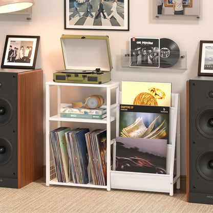 Record Player Table,Turntable Shelf with Vinyl Storage up to 150 Albums,White Side Table with 3 Tier Magazine Periodical Book Rack,Wide Metal Record Holder Cabinet for Room Office