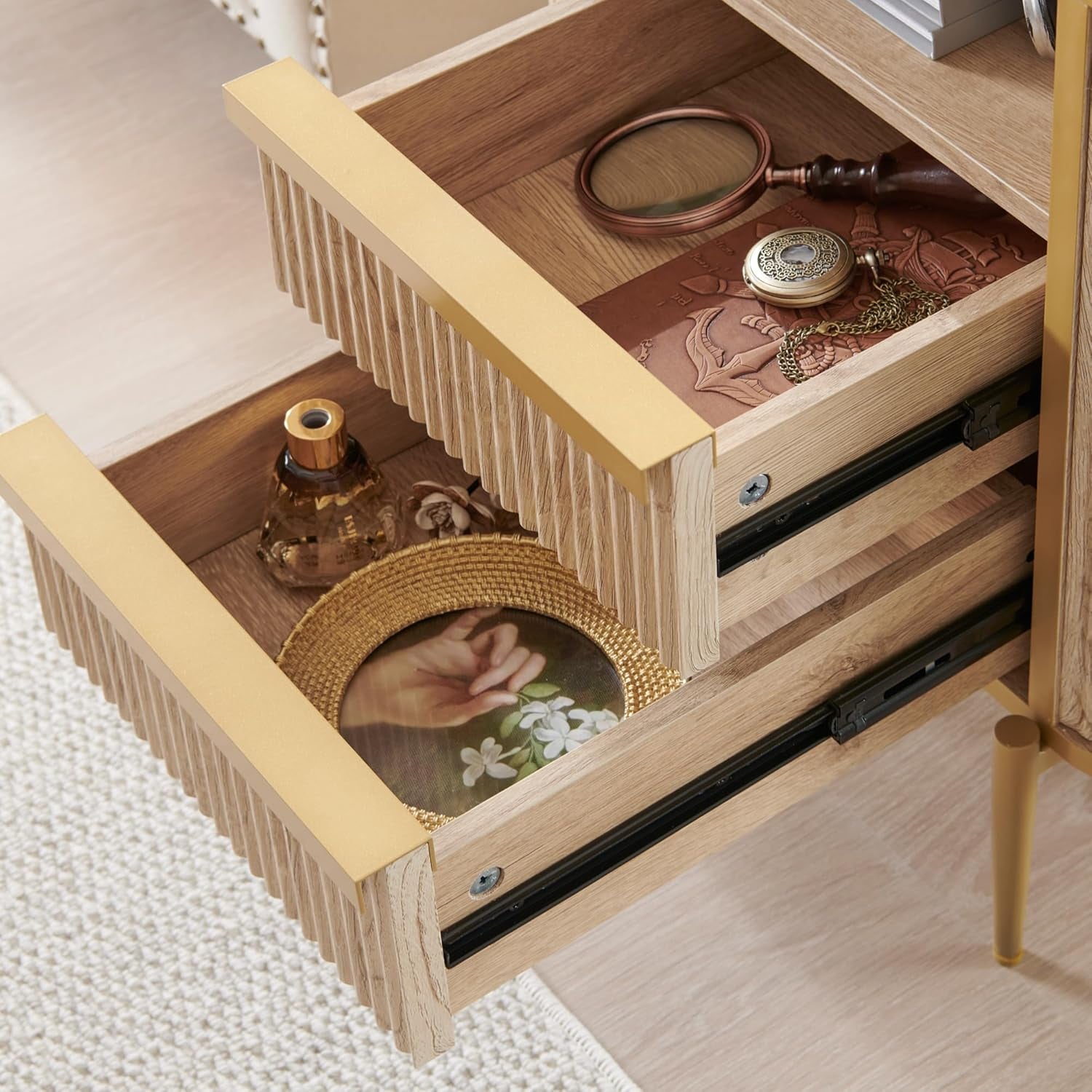 Modern Chic Fluted Nightstand Luxury with Charging Station, End Table/Bed Side Table W/2 Drawers, Faux Marble Tabletop, Gold Metal Decor, Curved Edge Design, Natural Oak