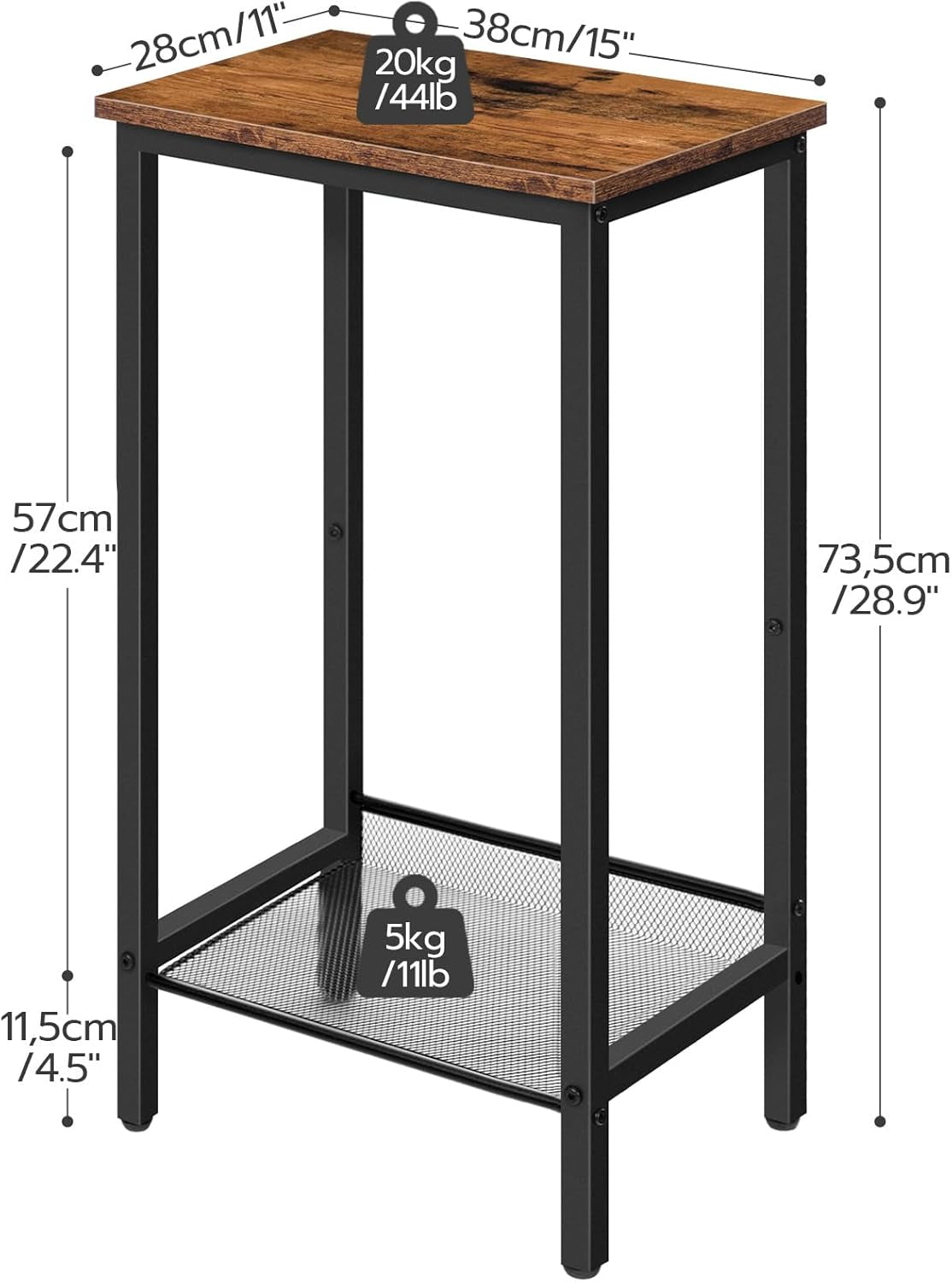 Tall Side Table, Industrial End Telephone Table with Adjustable Mesh Shelves, for Living Room, Bedroom, Entryway, Office, Rustic Brown and Black BF03DH01