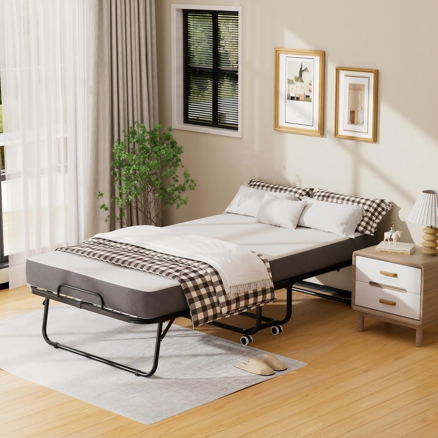 Folding Bed with Mattress for Adults, Portable Foldable Twin Beds with 5-Inch Memory Foam Mattress & Sturdy Metal Frame, Rollaway Bed Space-Saving Easy Storage,75"X 38"