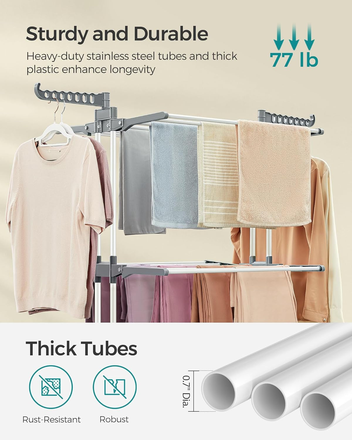 Clothes Drying Rack Stand 4-Tier, Foldable Laundry Drying Rack 68.1-Inch Tall, Steel, Rolling Clothes Horses Dryer Rack, Easy to Assemble, Indoor Outdoor Use, White ULLR701W01