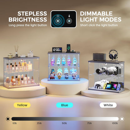 Lighted Clear Glass Display Case - for Figures & Collectibles, Small 2-Tier Display Cabinet with Charging Station, LED Display Box with Lights & Human Sensor, for Model Car, Perfume, Black