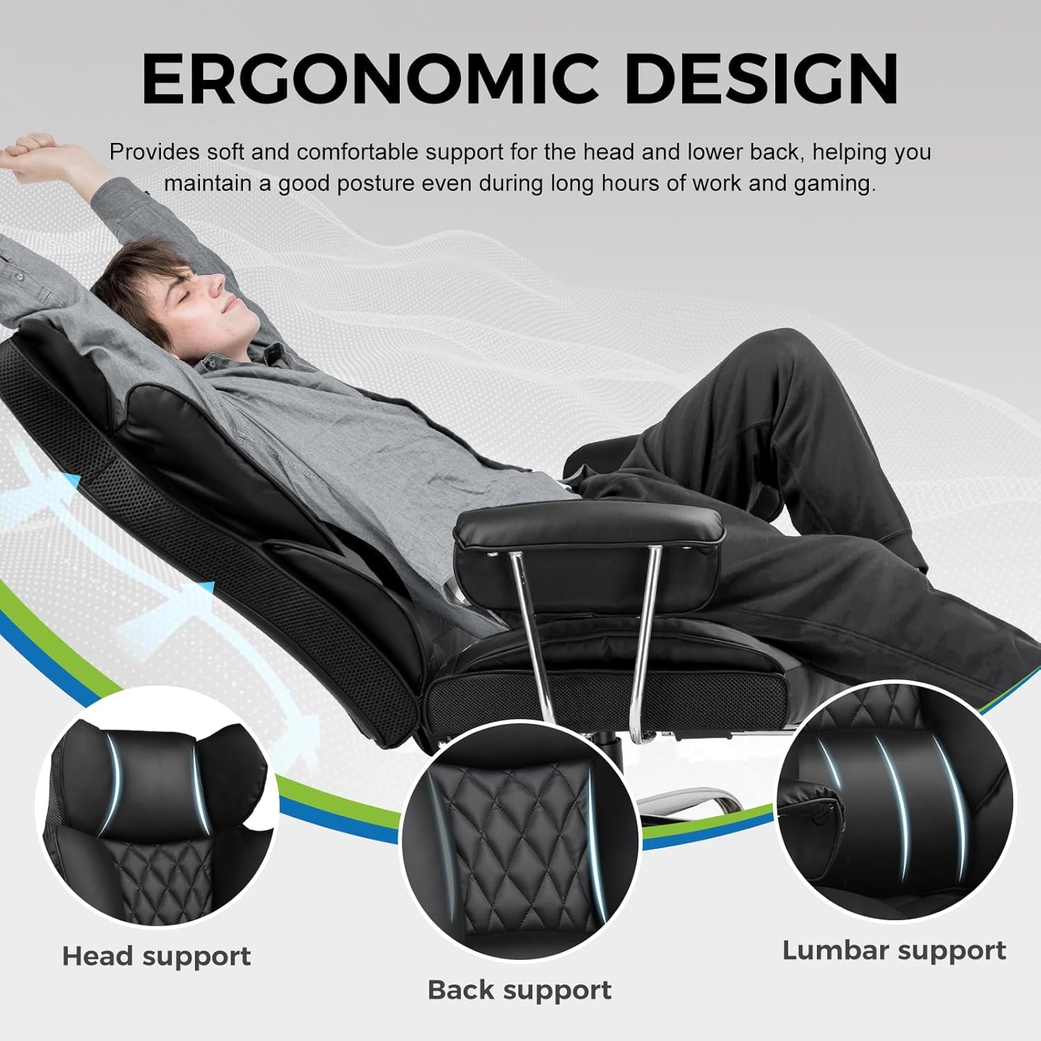 Gaming Chair,Office Chair with Pocket Spring Lumbar Support, Ergonomic Comfortable Wide Office Desk Computer Chair with Outward Fixed Soft Armrests and Footrest (PU Leather, Black)