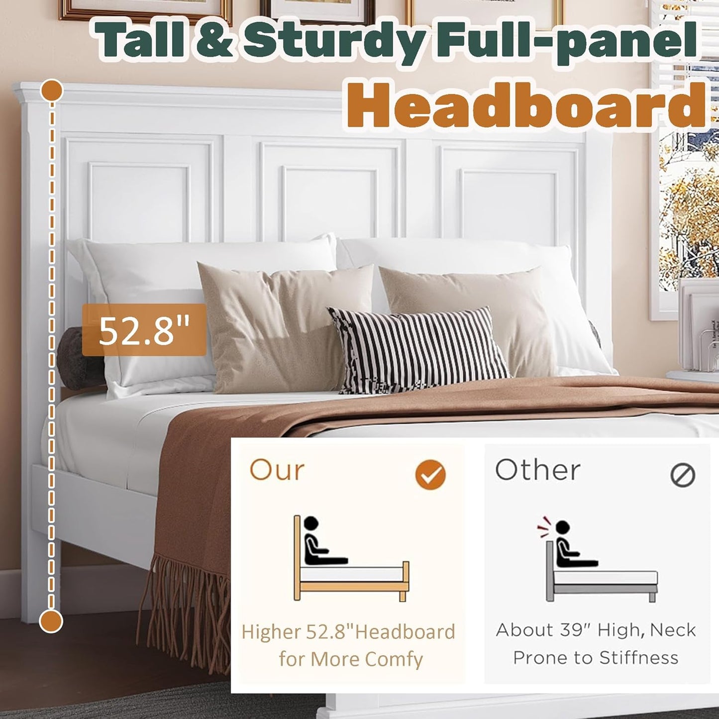 Farmhouse Queen Bed Frame with Tall Headboard and Footboard, Pinewood Panel Bed Frame Queen with under Bed Storage, Noise-Free, No Box Spring Needed, Traditional Style, White