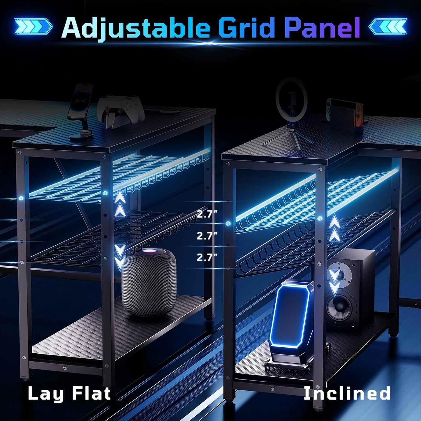 Gaming Desk with Power Outlets, 42" L-Shaped Computer Desk with LED Lights, Desk with Reversible Storage Shelves & Hooks for Small Spaces, Bedrooms & Offices, Black Carbon Fiber