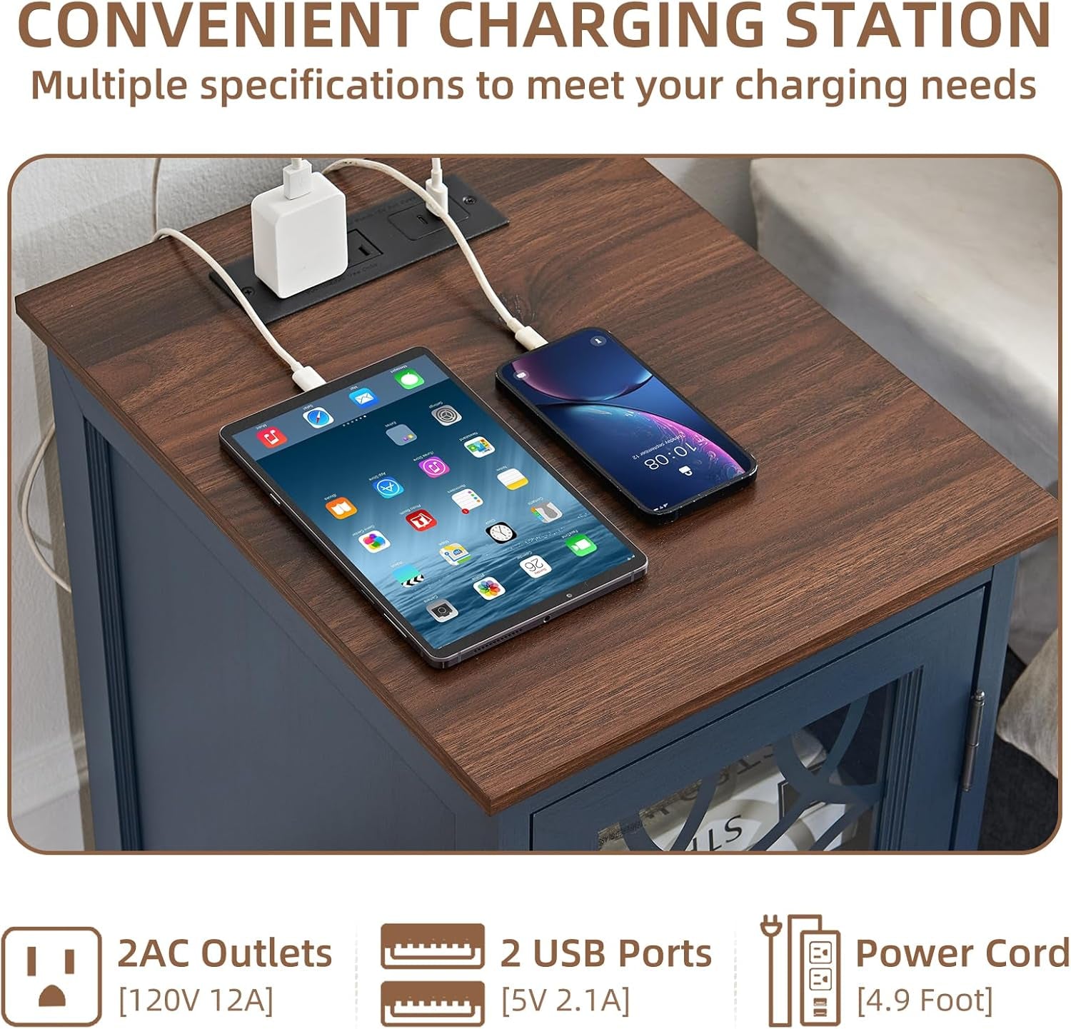 Narrow Side Table with Charging Station, Night Stand with Glass Door, Bedside End Tables with Adjustable Shelf Storage Cabinet,Wood Nightstand for Small Spaces Living Room Bedroom