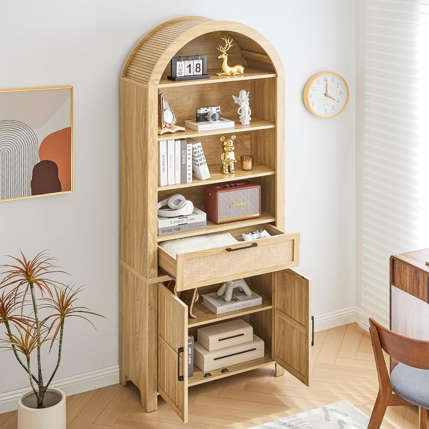 81" Tall Arched Bookcase, Arch Bookshelf with Doors Storage and Drawer, Modern Farmhouse Book Shelf with Adjustable Shelves, Wood Bookshelf W/Open Display for Living Room, Office Decor (Natural)