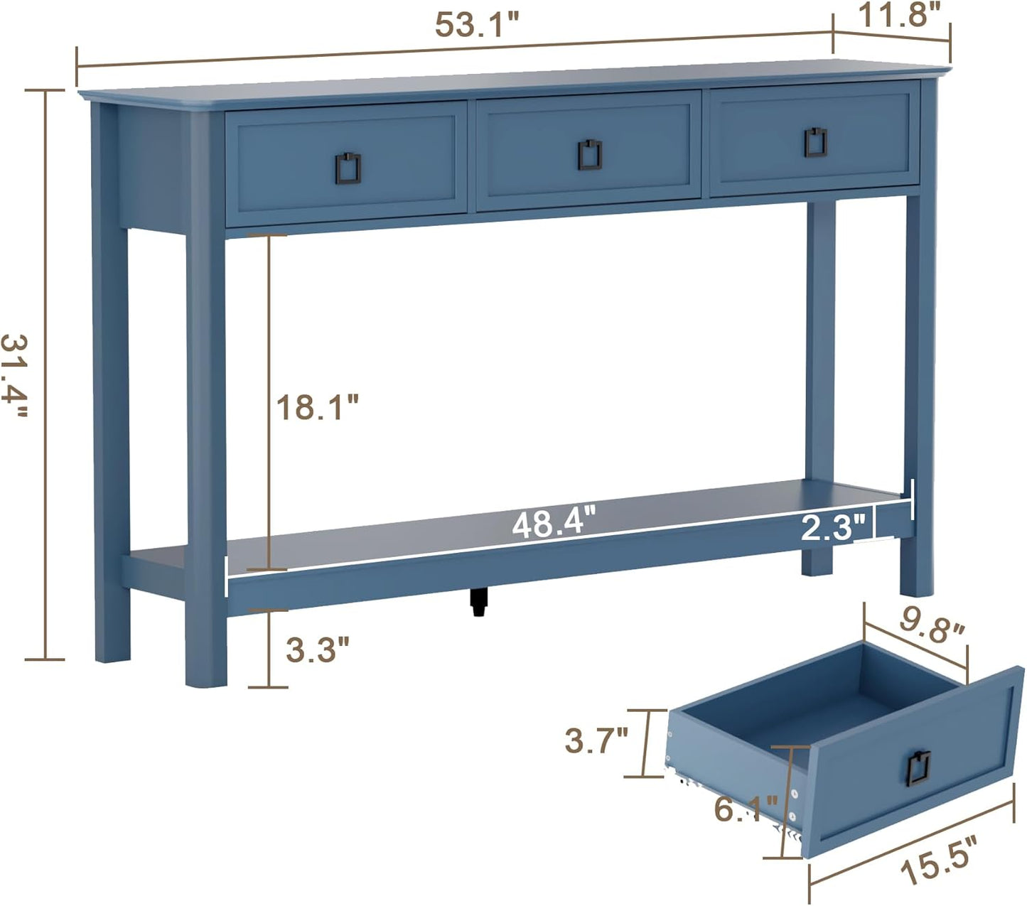 53.1" Console Table with 3 Drawers, Modern Entryway Table, 2-Tier Narrow Long Sofa Table behind Couch Table for Living Room, Hallway, Blue