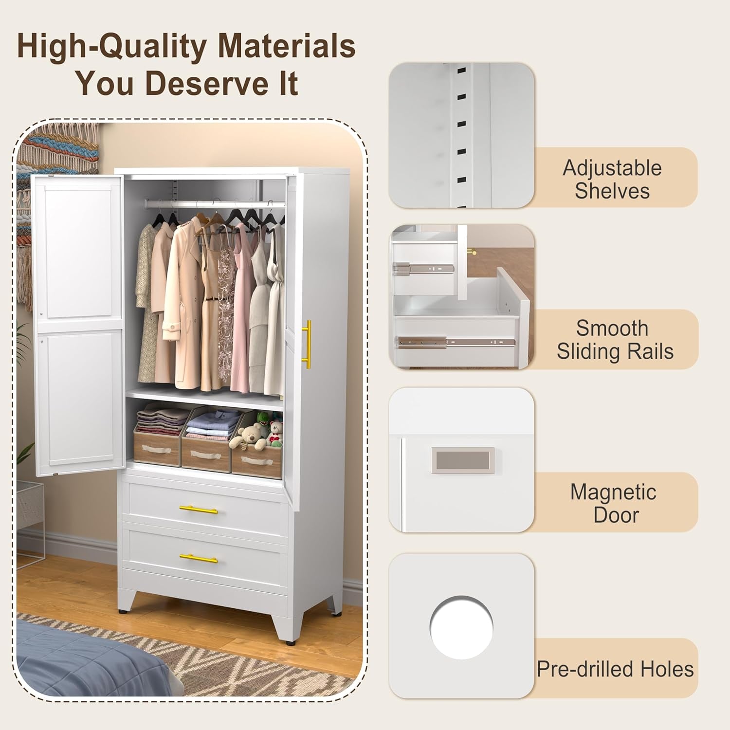 Metal Armoire Wardrobe Closet Storage Cabinet with Hanging Rod,71'' Metal Wardrobe Cabinet with 2 Drawers and Adjustable Shelf,2 Drawers for Bedroom, Laundry Room, Cloak Room