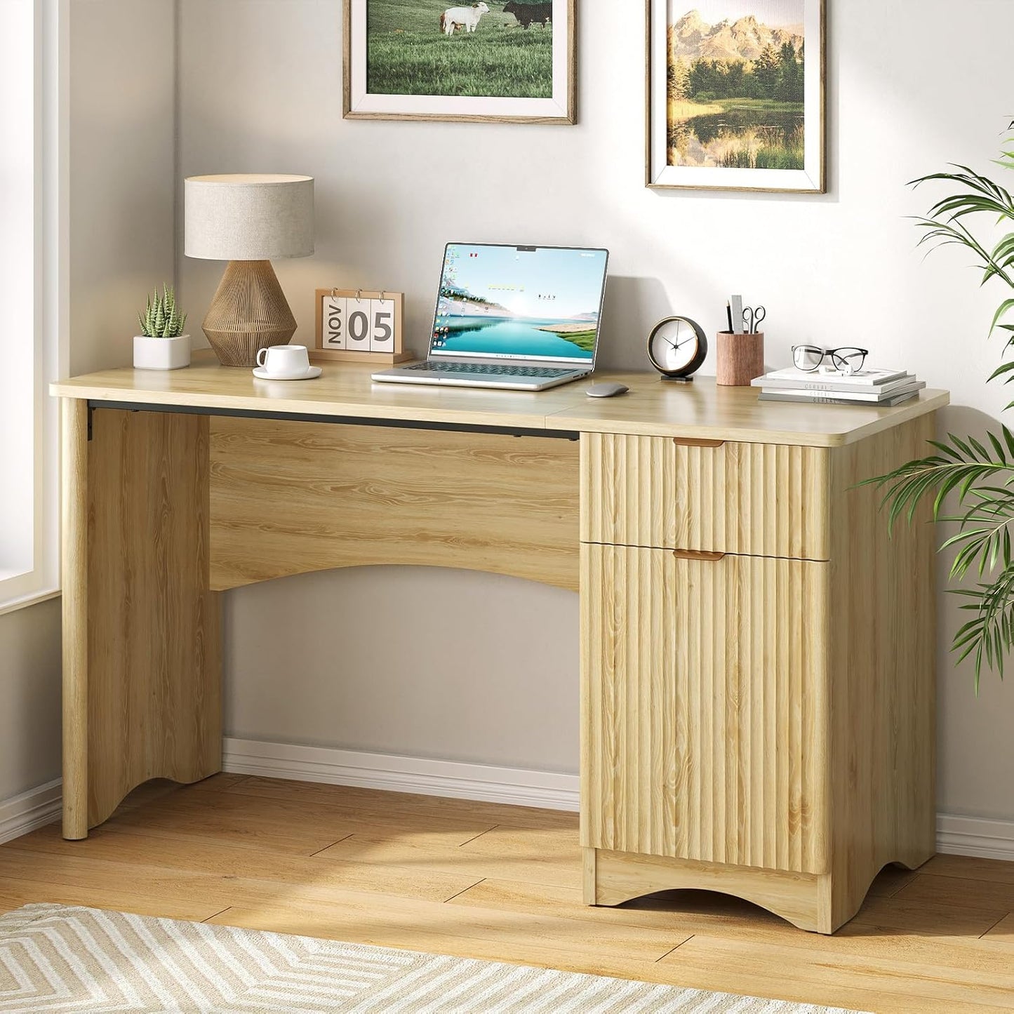 47 Inch Computer Desk with Drawer, Office Desk with File Cabinet, Modern Executive Desk Adjustable Shelves for Home Office Bedroom Study, Natual Oak
