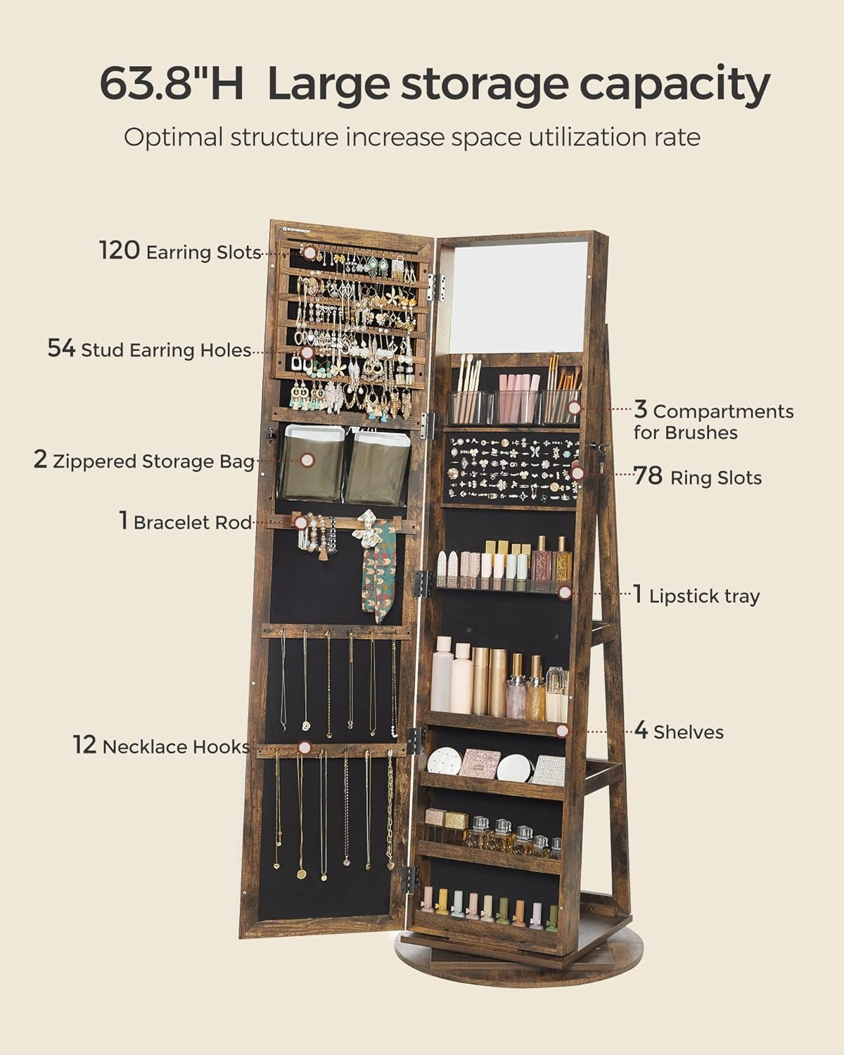 360° Swivel Jewelry Cabinet, Lockable Jewelry Organizer with Full-Length Mirror, Rear Storage Shelves, Interior Mirror, Jewelry Armoire, Gift Idea, Rustic Brown UJJC006X01