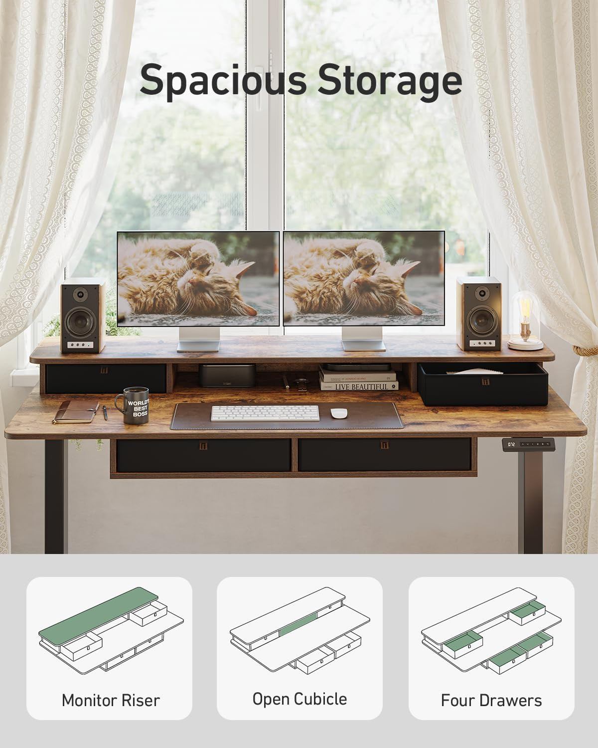 55" X 30" Standing Desk with Drawers, Height Adjustable Electric Workstation, Computer Sit Stand up Table with Large Storage Shelf 4 Drawers and 2 Hooks, Rustic Brown