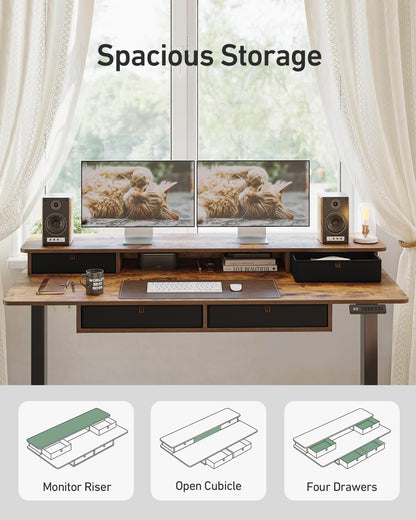 55" X 30" Standing Desk with Drawers, Height Adjustable Electric Workstation, Computer Sit Stand up Table with Large Storage Shelf 4 Drawers and 2 Hooks, Rustic Brown