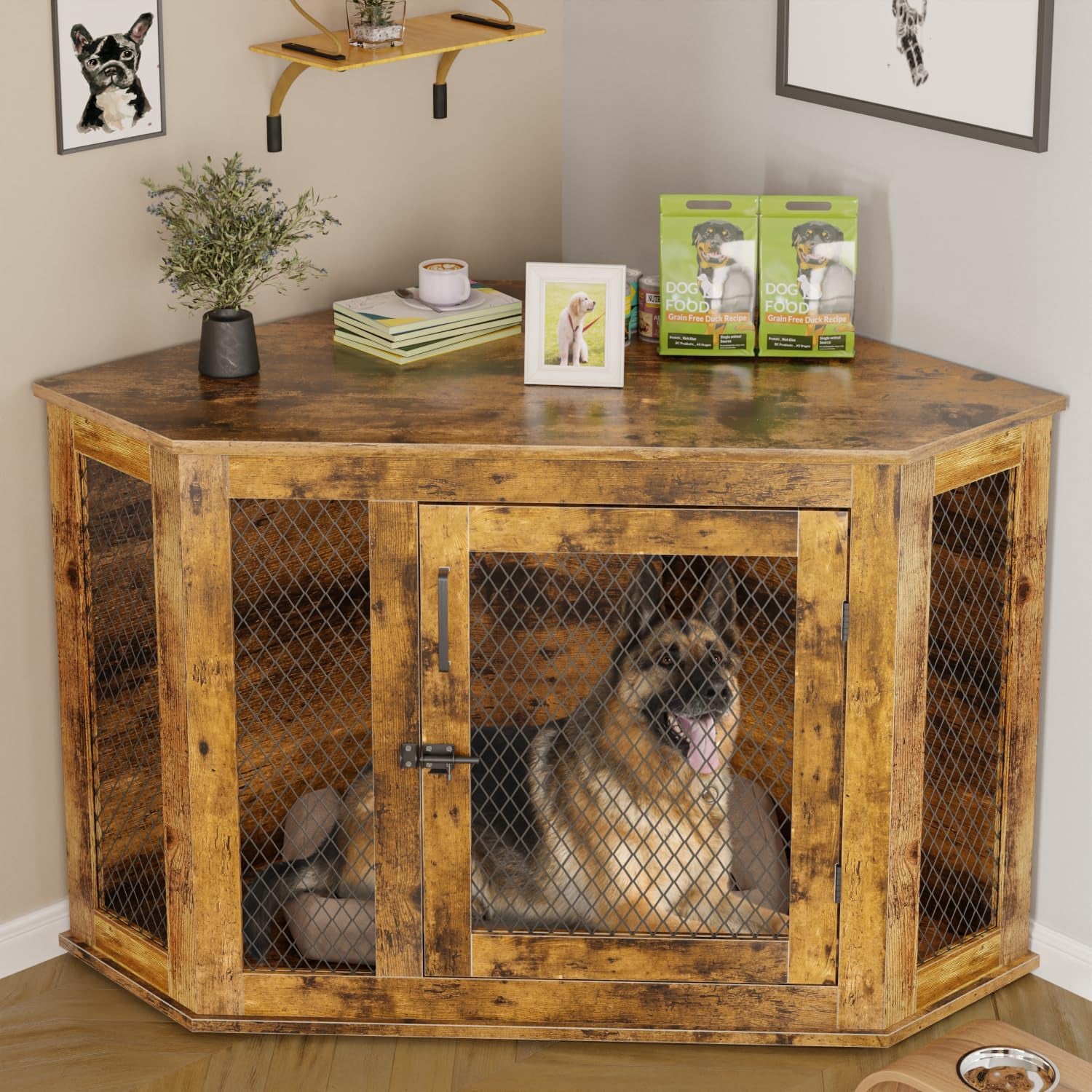 52Inch Corner Dog Crate Furniture,Wooden Dog Kennel Furniture with Mesh,Decorative Wood Dog House for Indoor Use,For Small/Medium/Large Dog,Perfect for Limited Room