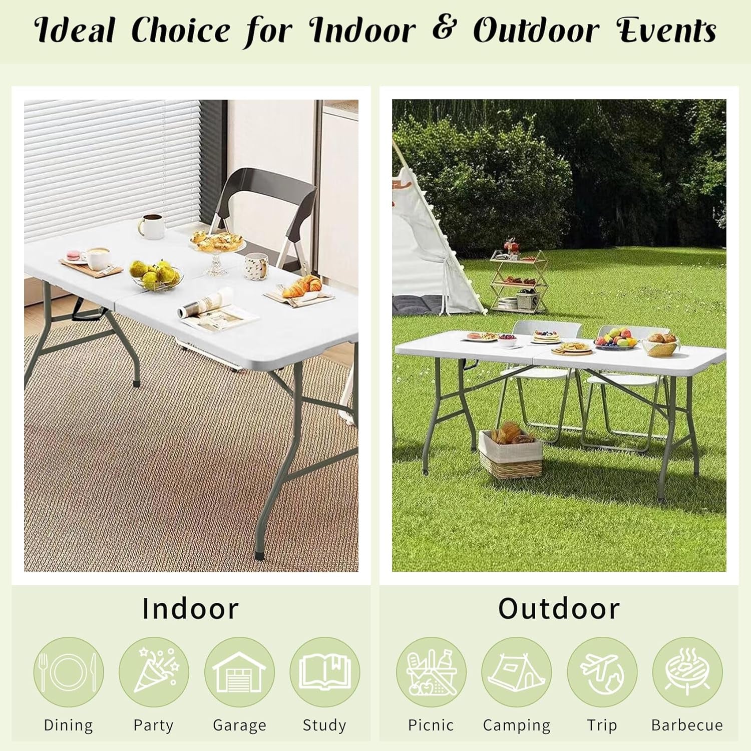 2 Pack 6 FT Folding Tables White Foldable Table, Fold-In-Half with Carrying Handle Portable Plastic Rectangular Table for Party, Dining, Wedding, Camping, Picnic, Indoor Outdoor Events