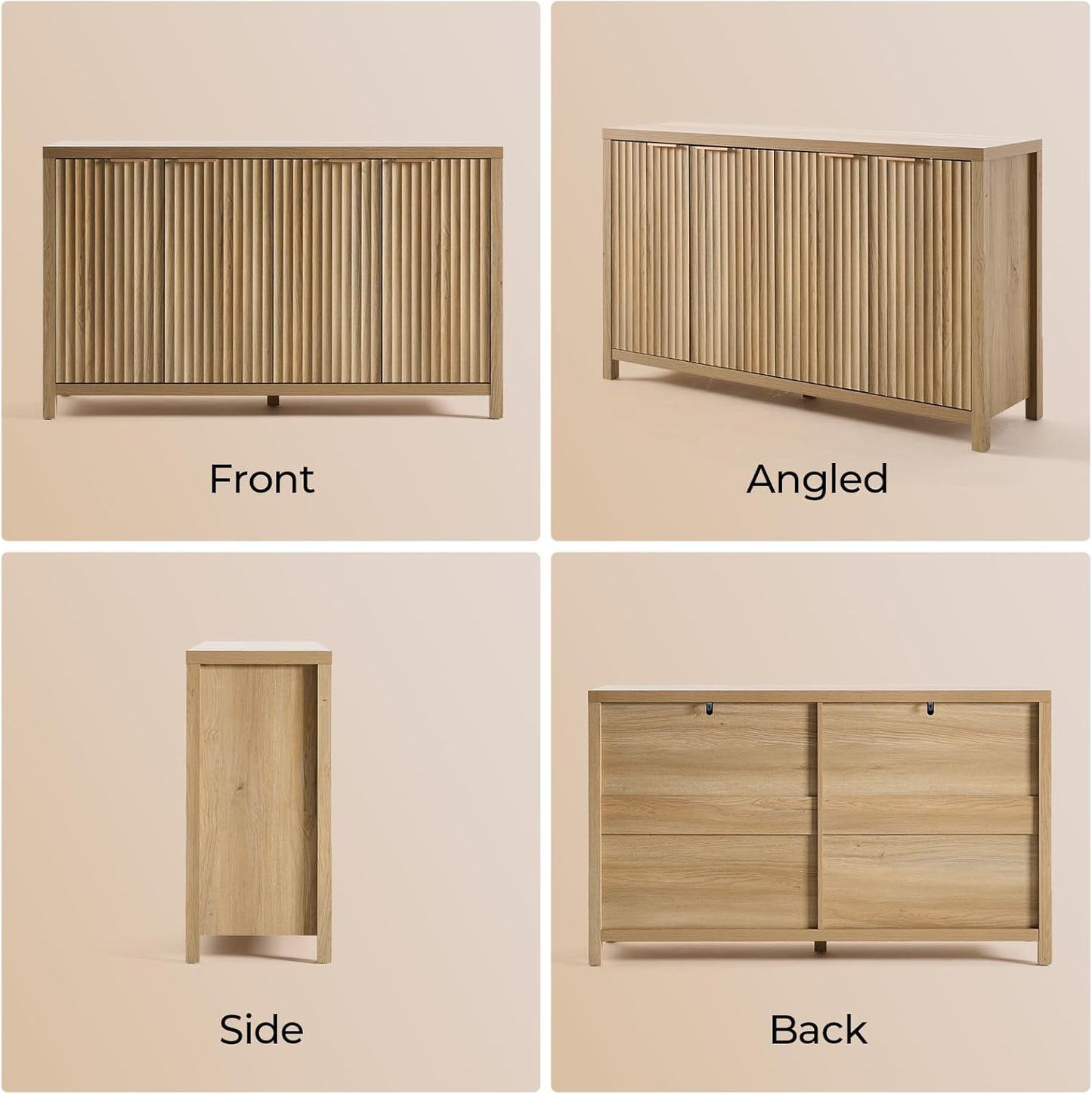 Buffet Cabinet Fluted Sideboard 56" Accent Cabinet with Adjustable Shelves 4 Doors Modern Storage Credenza for Living Room Kitchen Hallway,Golden Oak