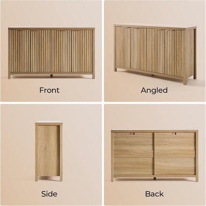Buffet Cabinet Fluted Sideboard 56" Accent Cabinet with Adjustable Shelves 4 Doors Modern Storage Credenza for Living Room Kitchen Hallway,Golden Oak