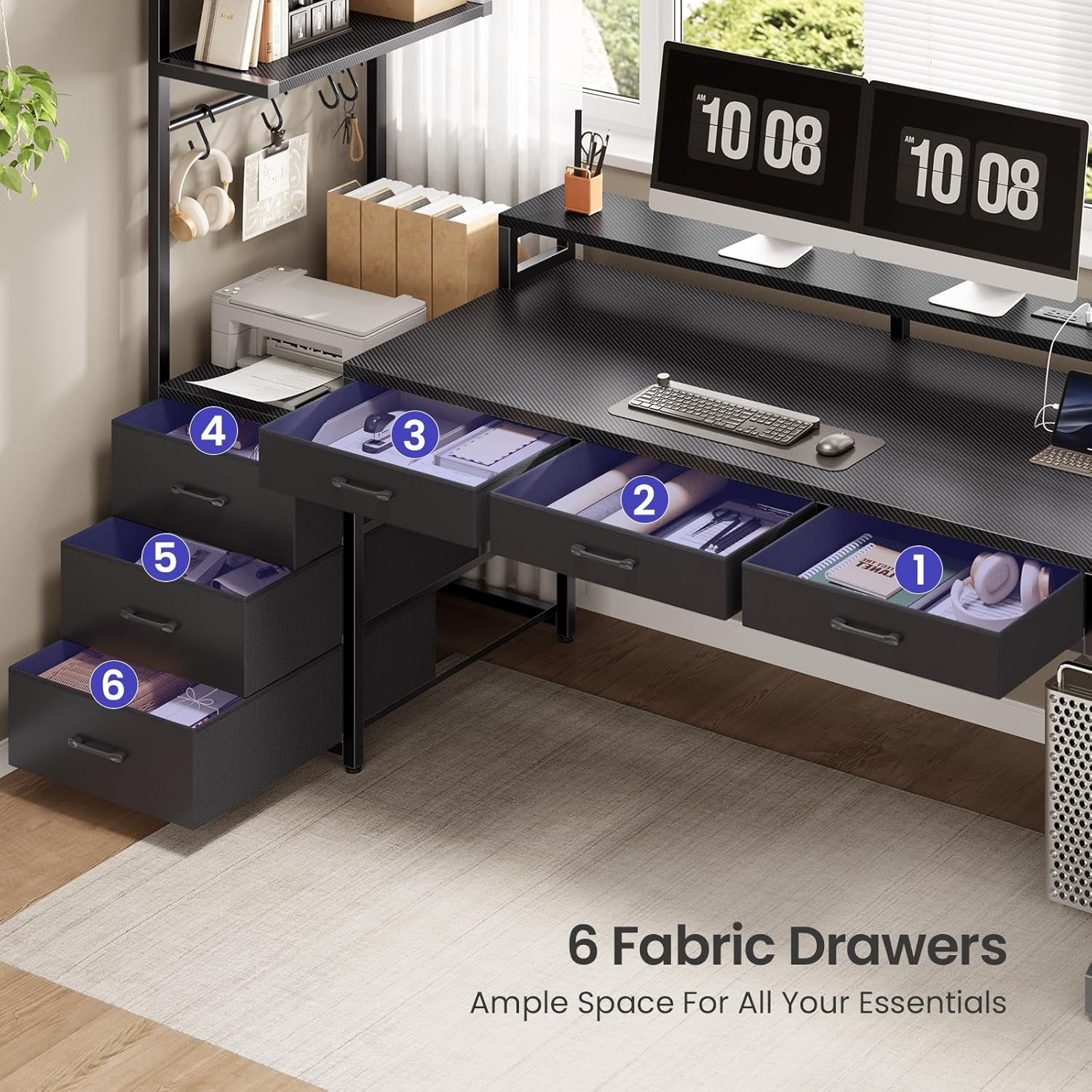 55" Gaming Desk with 6 Drawers, Corner Gaming Desk with Storage & LED Lights, Reversible PC Desk with Power Outlet, Corner Computer Desk with Hutch, Monitor Stand, Side Hook, Carbon Fiber Black