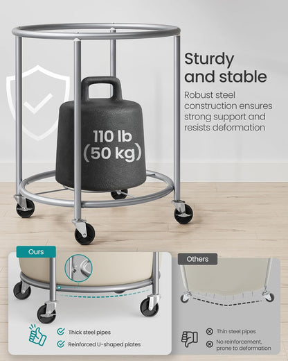 50.2-Gallon (190 L) Laundry Basket with Wheels, Rolling round Heavy-Duty Laundry Hamper Cart with Steel Frame and Removable Bag, 2 Locking Wheels, Cream White and Metallic Silver URLS01MZ