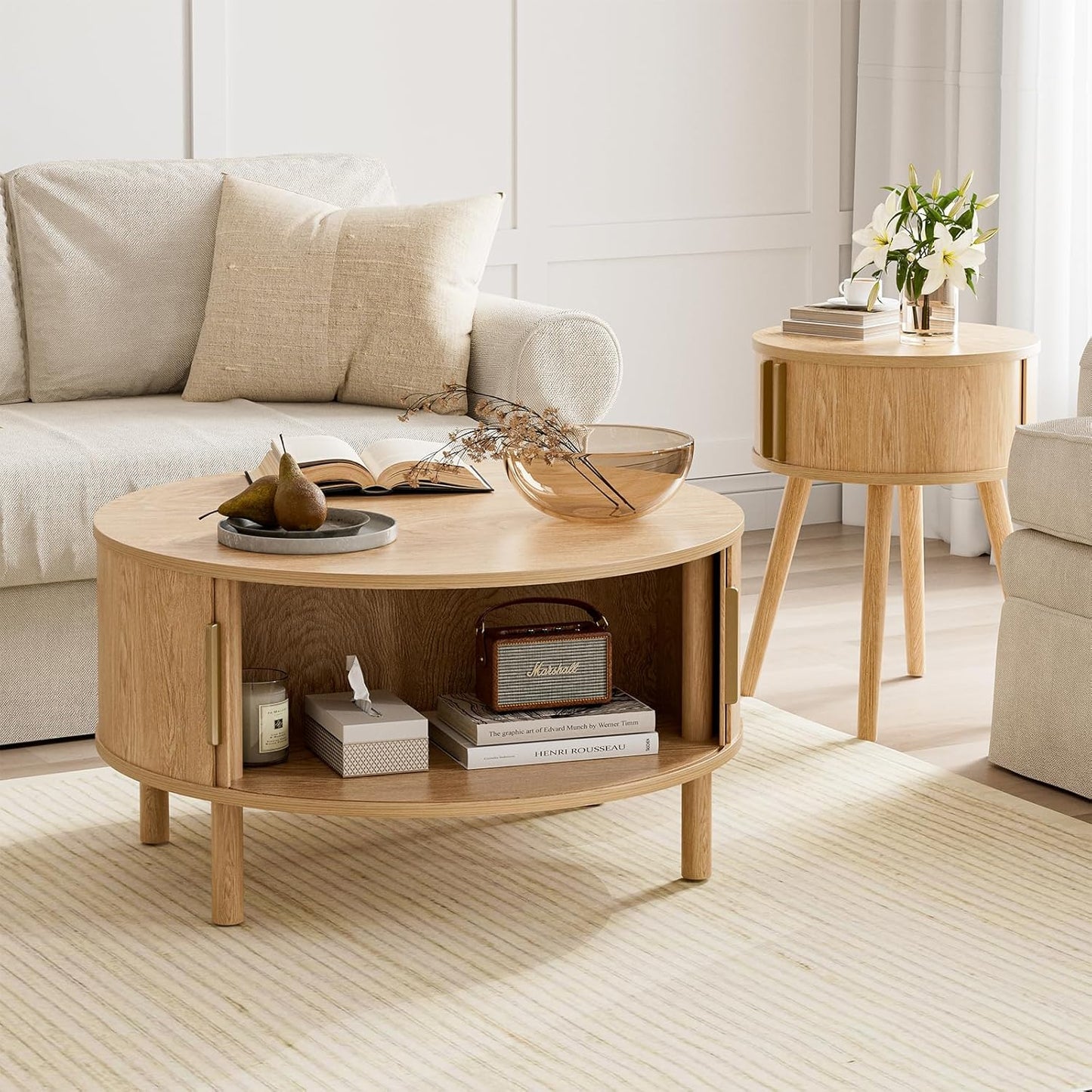 Coffee Table for Living Room, Modern round Coffee Table with Cabinets & Sliding Doors, Home Small Space, 29.9" Fluted Center Table, Natual