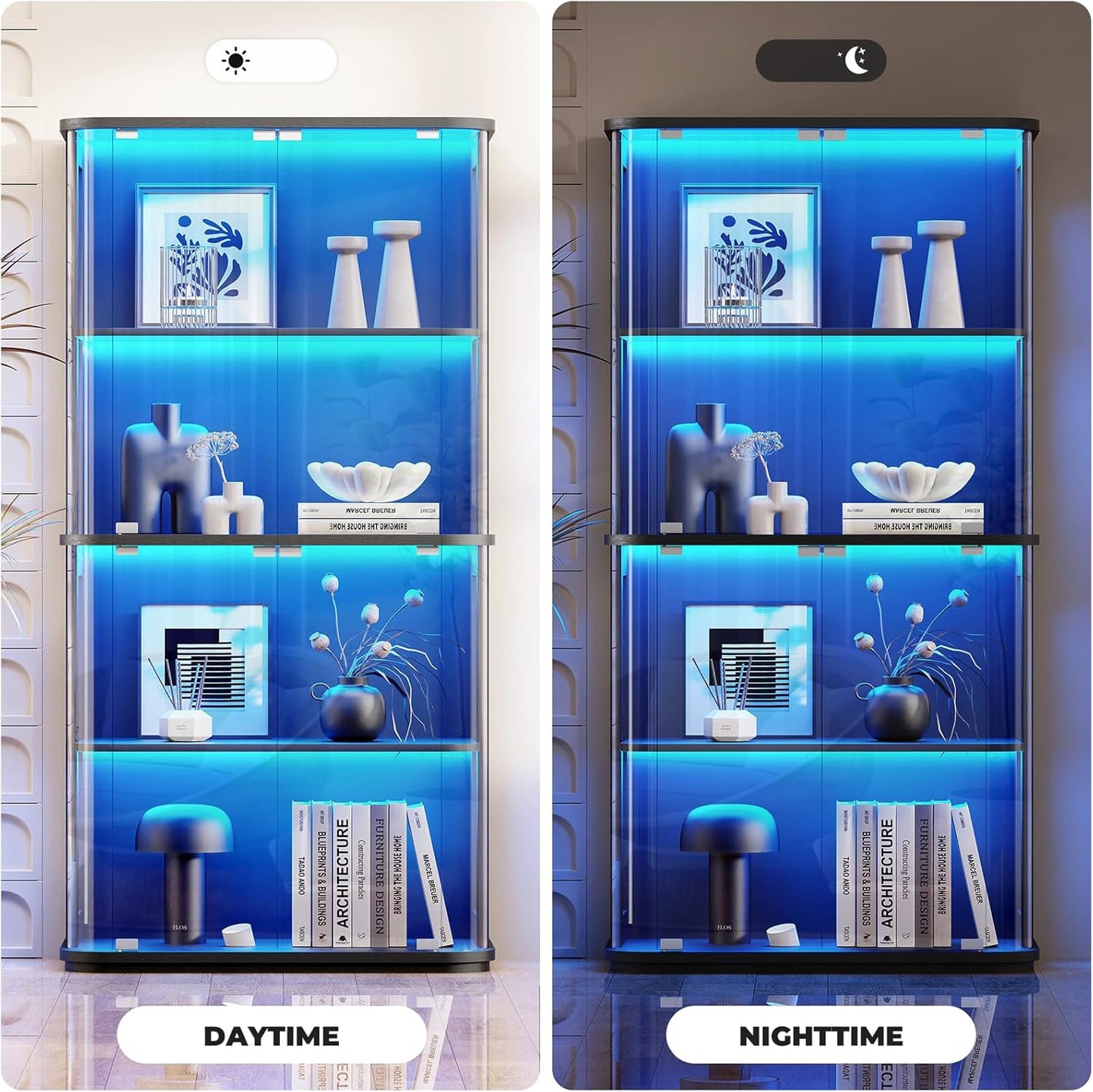 Rounded Display Cabinet with Glass Door, 4-Tier Curio Cabinet with Transparent Full-Display Surface for Collectibles, Glass Display Case with 3 Color Lights, Human Body Sensor, Black