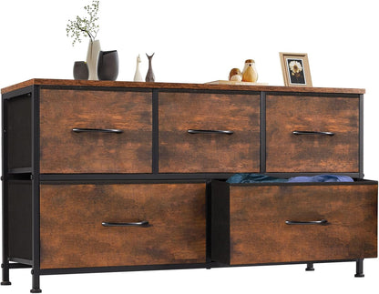 Dresser for Bedroom with 5 Drawers, Wide Chest of Drawers, Fabric Bedroom Dresser with Drawer Organizer, Storage Organizer Unit with Fabric Bins for Closet, Living Room, Hallway, Classic Black