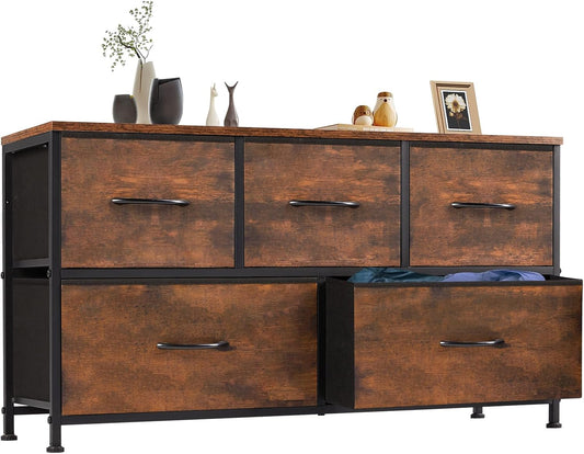 Dresser for Bedroom with 5 Drawers, Wide Chest of Drawers, Fabric Bedroom Dresser with Drawer Organizer, Storage Organizer Unit with Fabric Bins for Closet, Living Room, Hallway, Classic Black