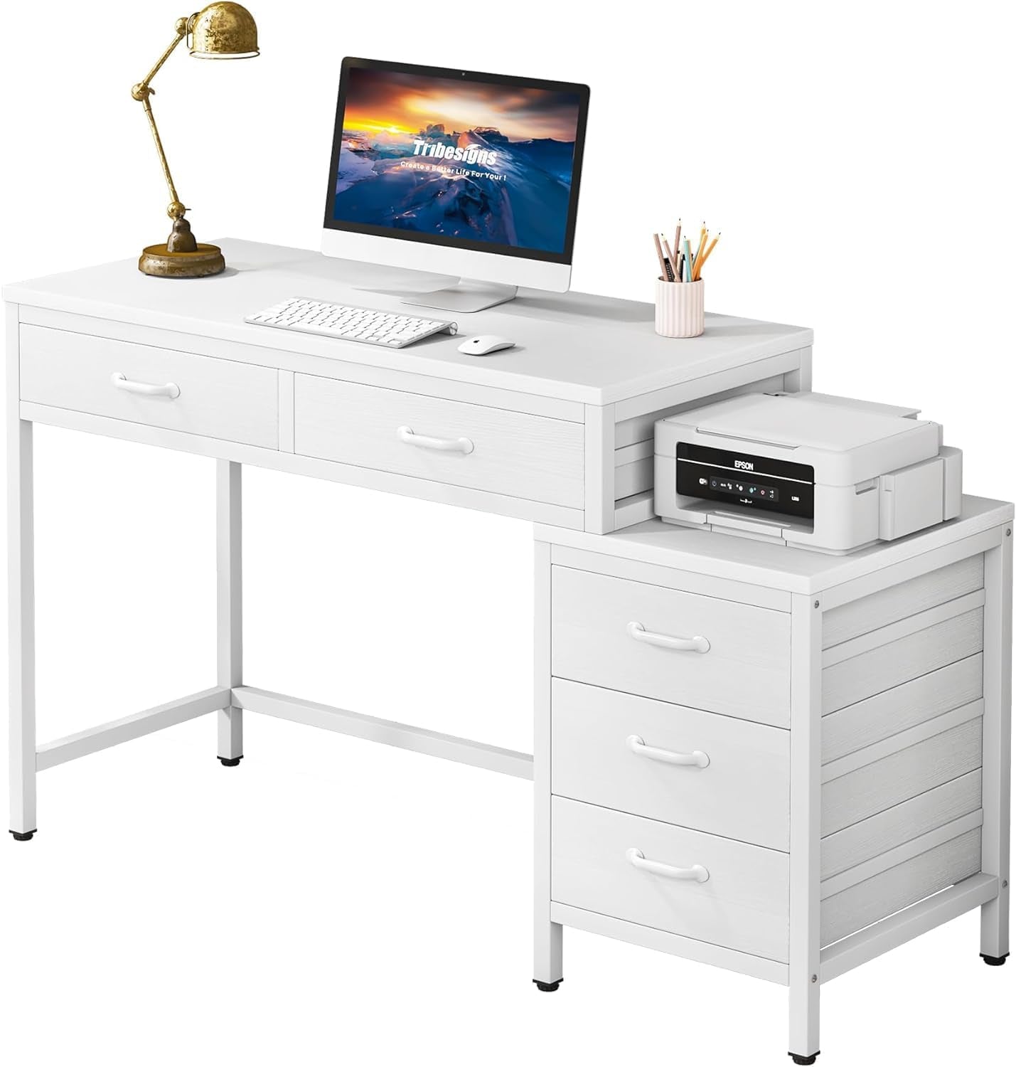 Computer Desk with 5 Drawers, Home Office Desks with Reversible Drawer Cabinet Printer Stand, Industrial PC Desk with Storage, White Study Writing Table Workstation for Small Spaces