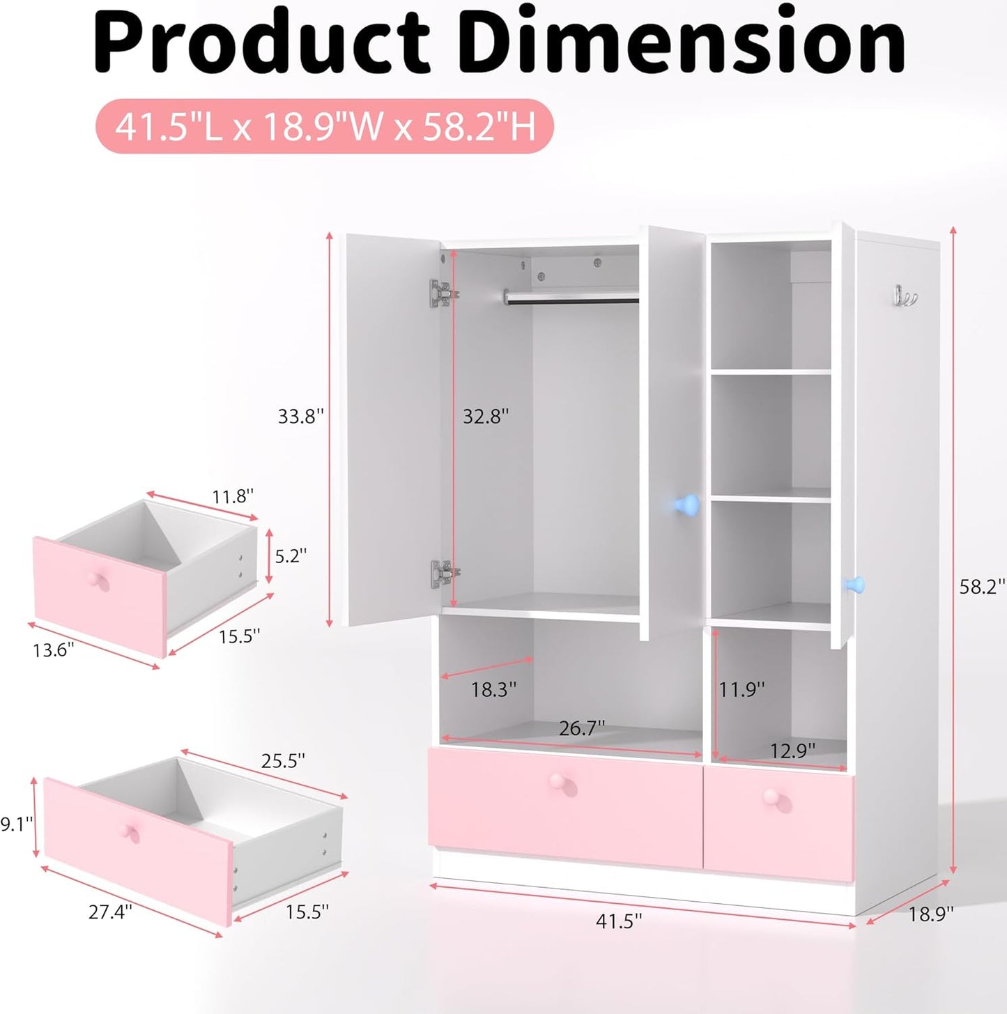 White Armoire Wardrobe Closet with Adjustable Storage Shelves and Drawers, Freestanding Wooden Wardrobe Cabinet Closet, Kids Bedroom Armoire with 3 Doors, Hanging Rod, Toy Storage for Kids' Room, Dorm