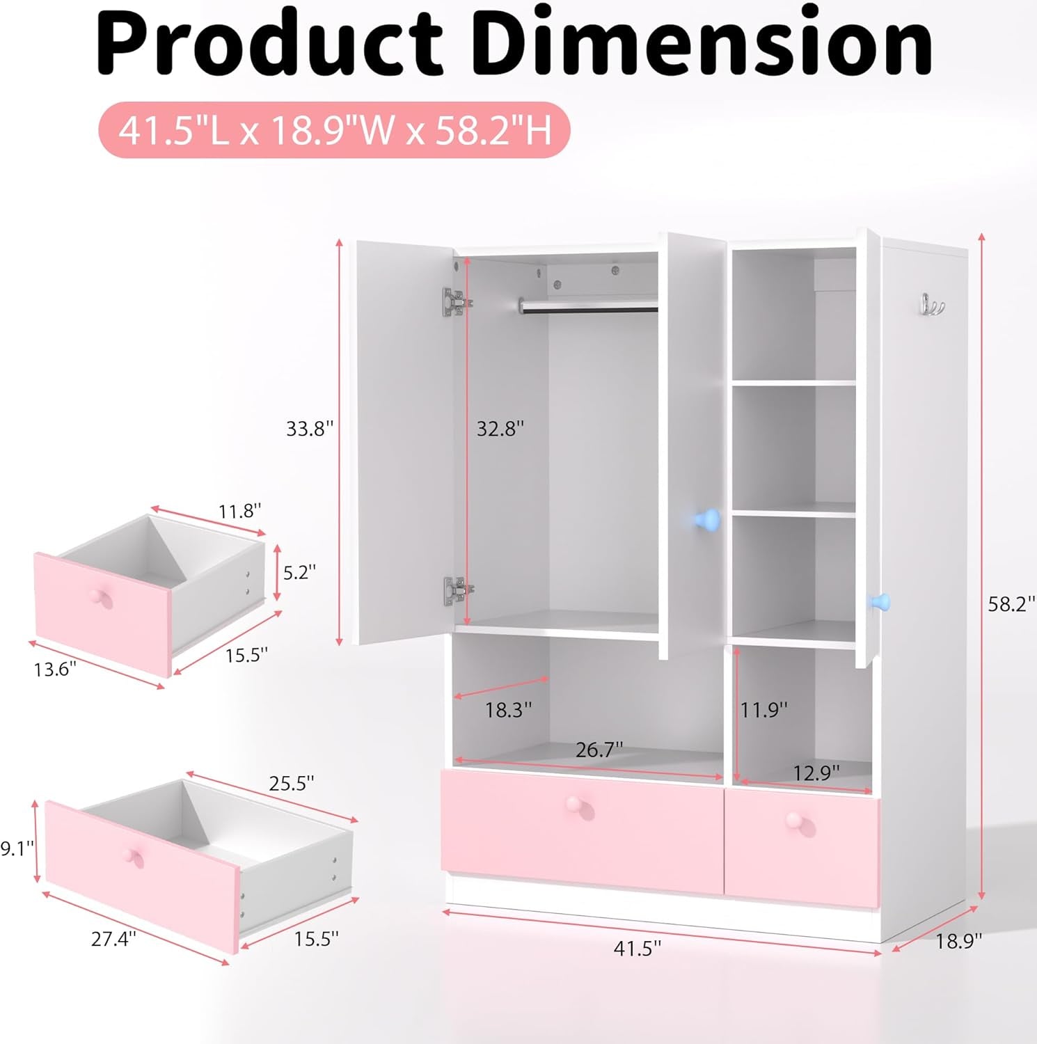 White Armoire Wardrobe Closet with Adjustable Storage Shelves and Drawers, Freestanding Wooden Wardrobe Cabinet Closet, Kids Bedroom Armoire with 3 Doors, Hanging Rod, Toy Storage for Kids' Room, Dorm