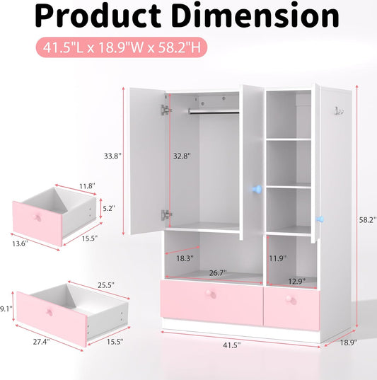 White Armoire Wardrobe Closet with Adjustable Storage Shelves and Drawers, Freestanding Wooden Wardrobe Cabinet Closet, Kids Bedroom Armoire with 3 Doors, Hanging Rod, Toy Storage for Kids' Room, Dorm