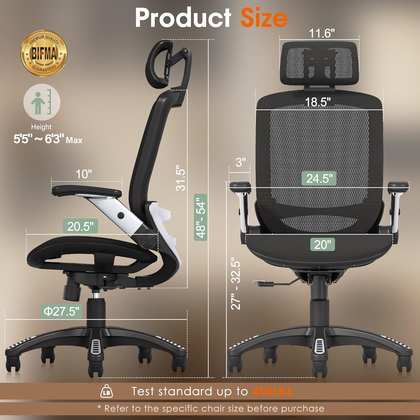 Ergonomic Office Chair, High Back Home Desk Chair with Headrest, Flip-Up Arms, 90-120° Tilt Lock and Wide Cushion, Big and Tall Mesh Chairs for Man Woman, Black Task Chair