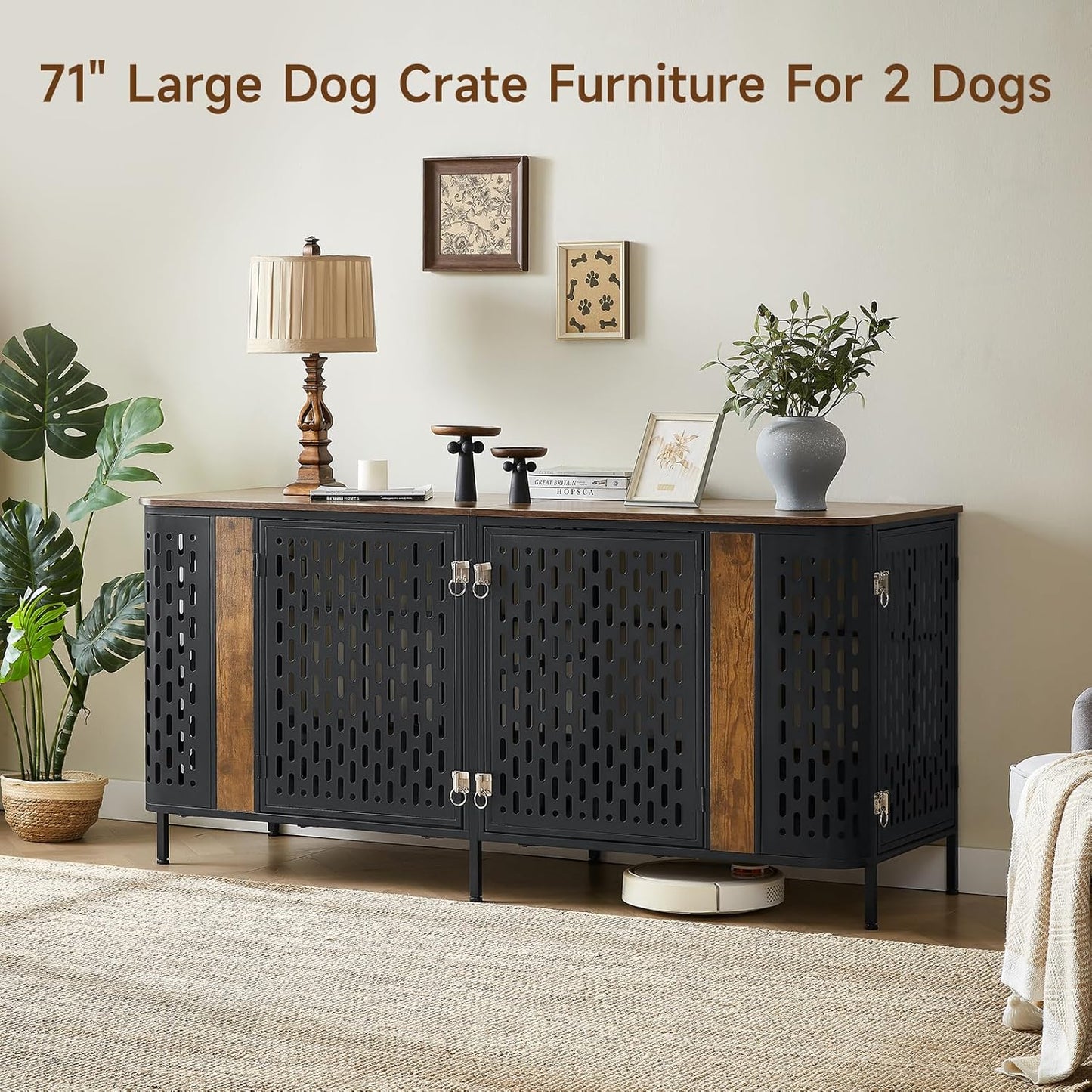 71" Dog Crate Furniture for 2 Dogs, Indoor Heavy Duty Dog Crate with Removable Divider and 4 Doors, Escape Proof Pet Cage, XXL Thicken Wooden Kennel TV Stand for Medium Large Dogs,Brown