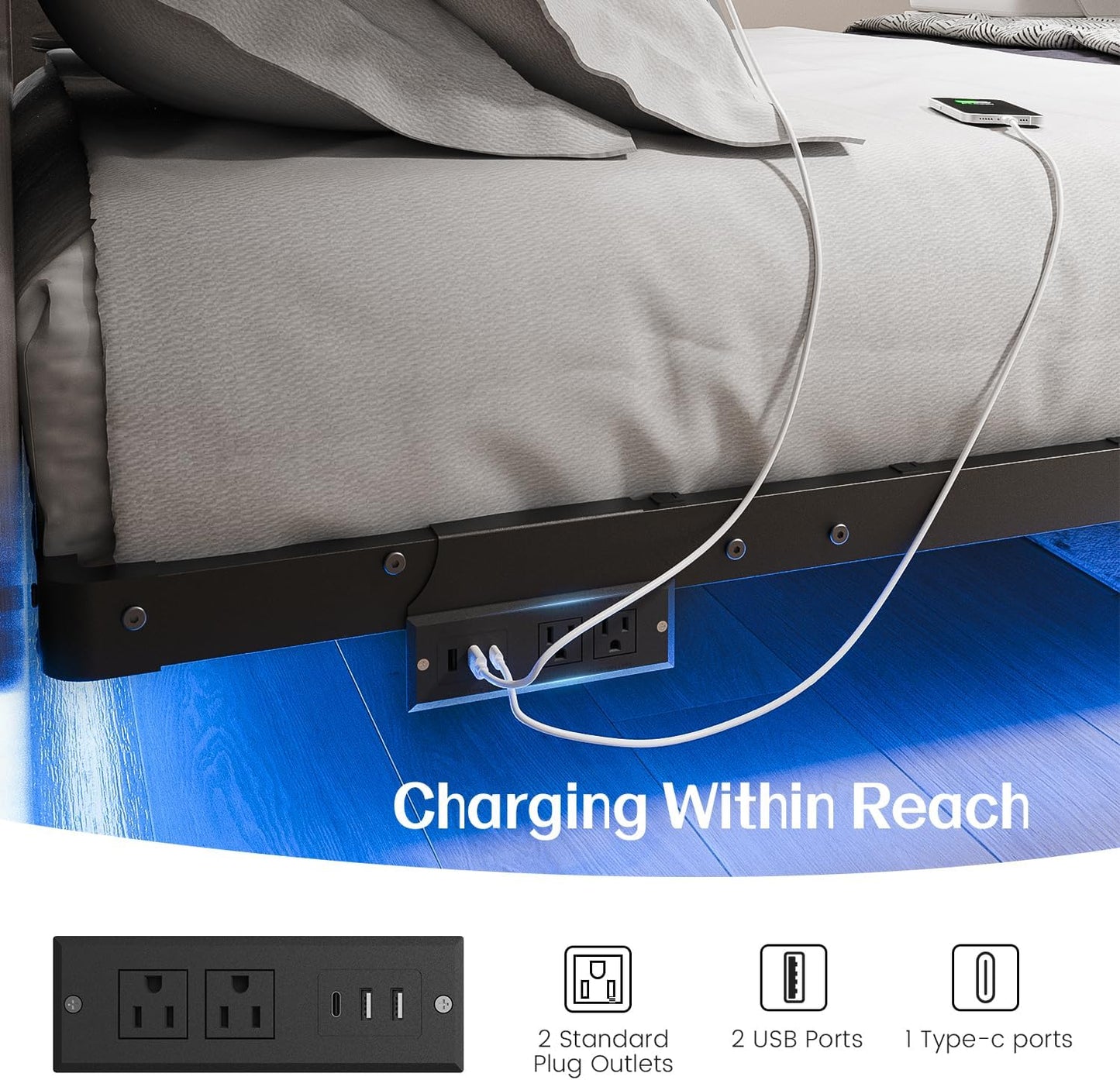 Full Size Modern Floating Bed Frame with Smart LED Lights, USB Charging Station, Sturdy Metal Platform, No Box Spring Needed, and Easy Assembly