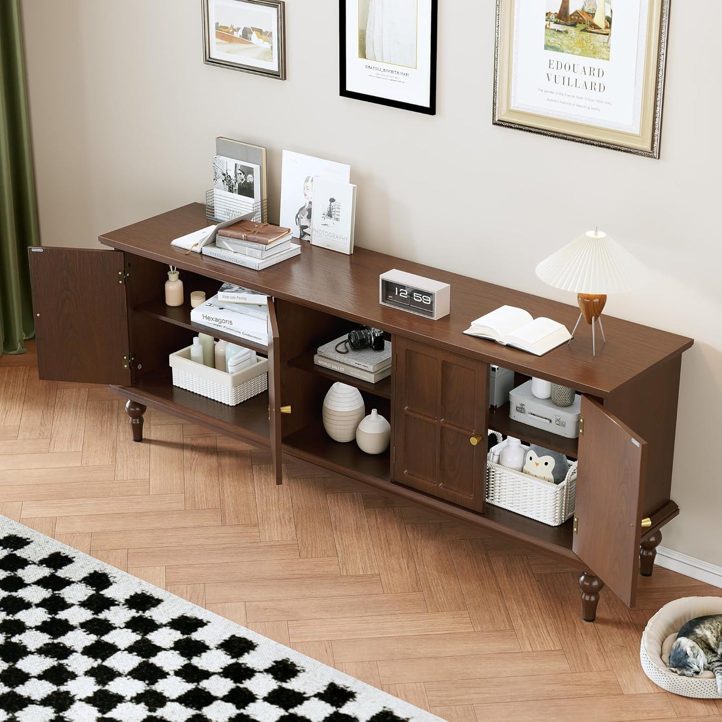 67" Mid Century Modern TV Stand with Window Design,Wood Entertainment Center with Open Shelf,Up to 70" Media TV for Living Room or Bedroom,Walnut