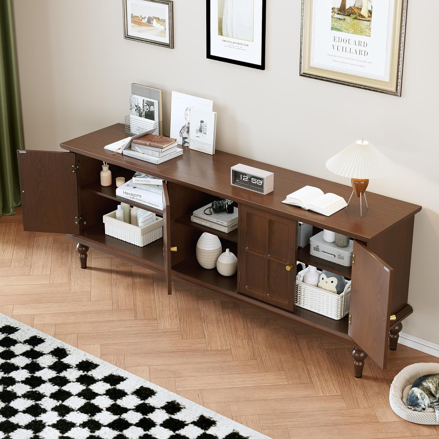 67" Mid Century Modern TV Stand with Window Design,Wood Entertainment Center with Open Shelf,Up to 70" Media TV for Living Room or Bedroom,Walnut