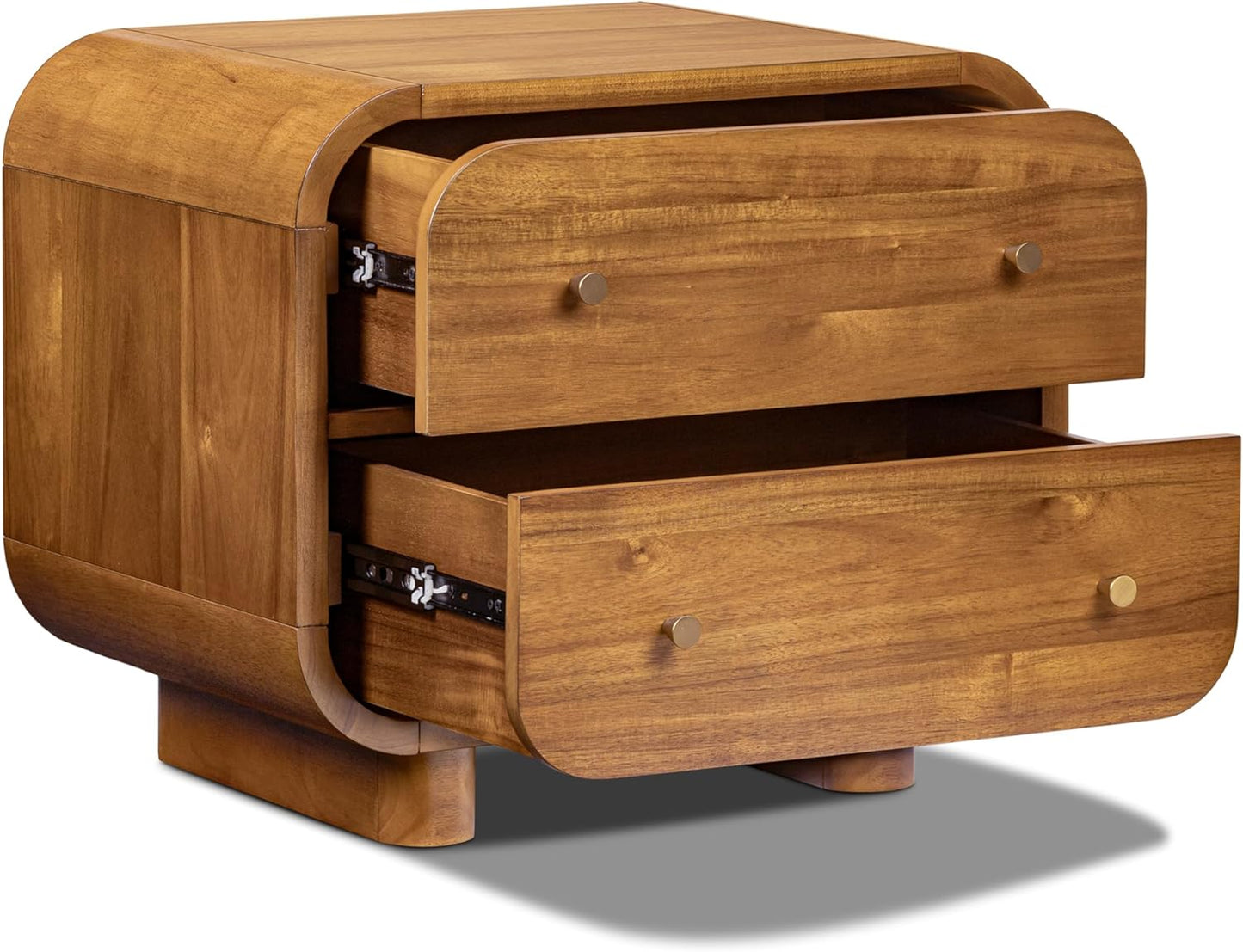 Oslo 22” Nightstand – Mid-Century Modern Bedside Table with Soft-Close Drawers, Solid and Veneered Acacia Wood Construction, Brass Handles, Light Brown Finish