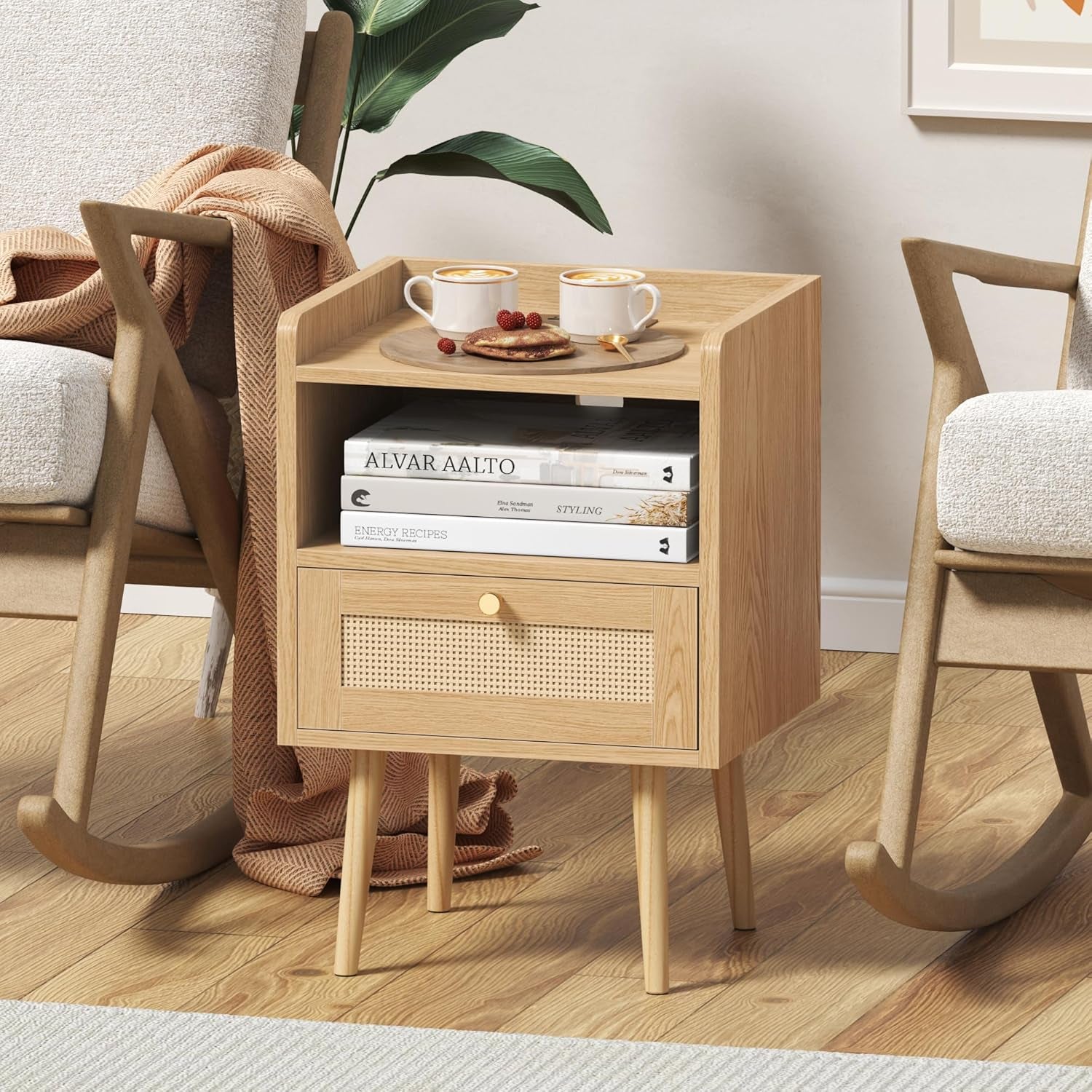 Night Stand Set of 2, Bedside Tables with Charging Station, Rattan End Tables, Boho Bed Side Tables, Wood Nightstands Set of 2 for Kids' Room Farmhouse Bedroom Living Room Dorm Sofa Couch (Natural)
