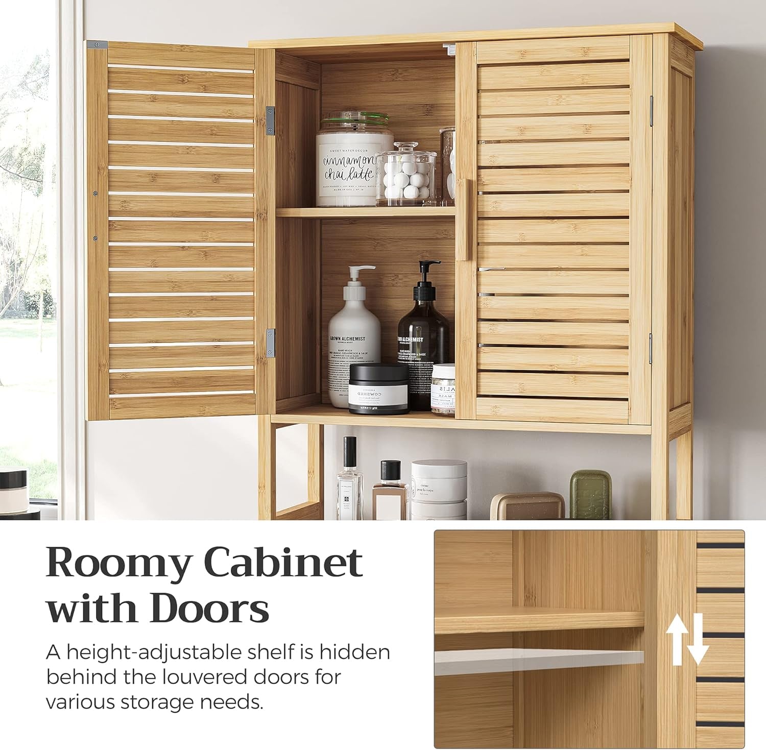 over the Toilet Storage Cabinet, Bathroom Cabinet with Adjustable inside Shelf and Bottom Stabilizer Bar, Space-Saving Toilet Rack, Natural Beige UBTS010N01