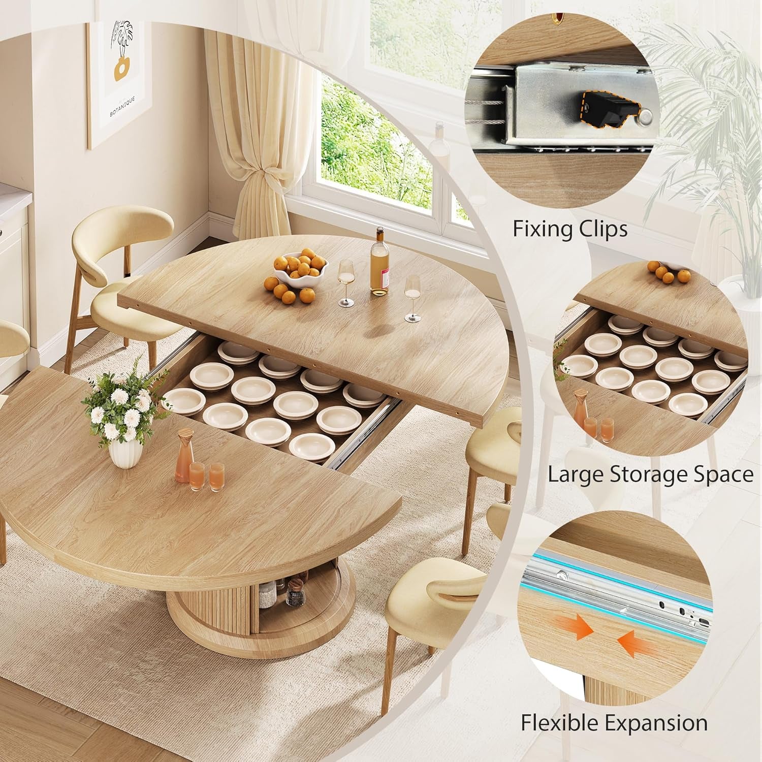 Dining Table for 4-6,63“Extendable round Kitchen Dining Room Table with 2-Tier Storage Shelf, Space Saving Expandable Wood Oval Circle Dinner Furniture with Pedestal Base (Brown)